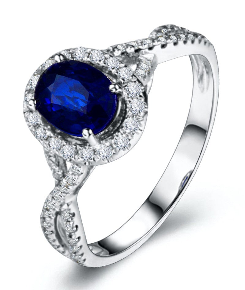 2 Carat Oval Cut Blue Sapphire & Diamond Moissanite Halo Engagement Ring in 14K White Gold - Perfect for Proposals, Weddings & Anniversary Gifts