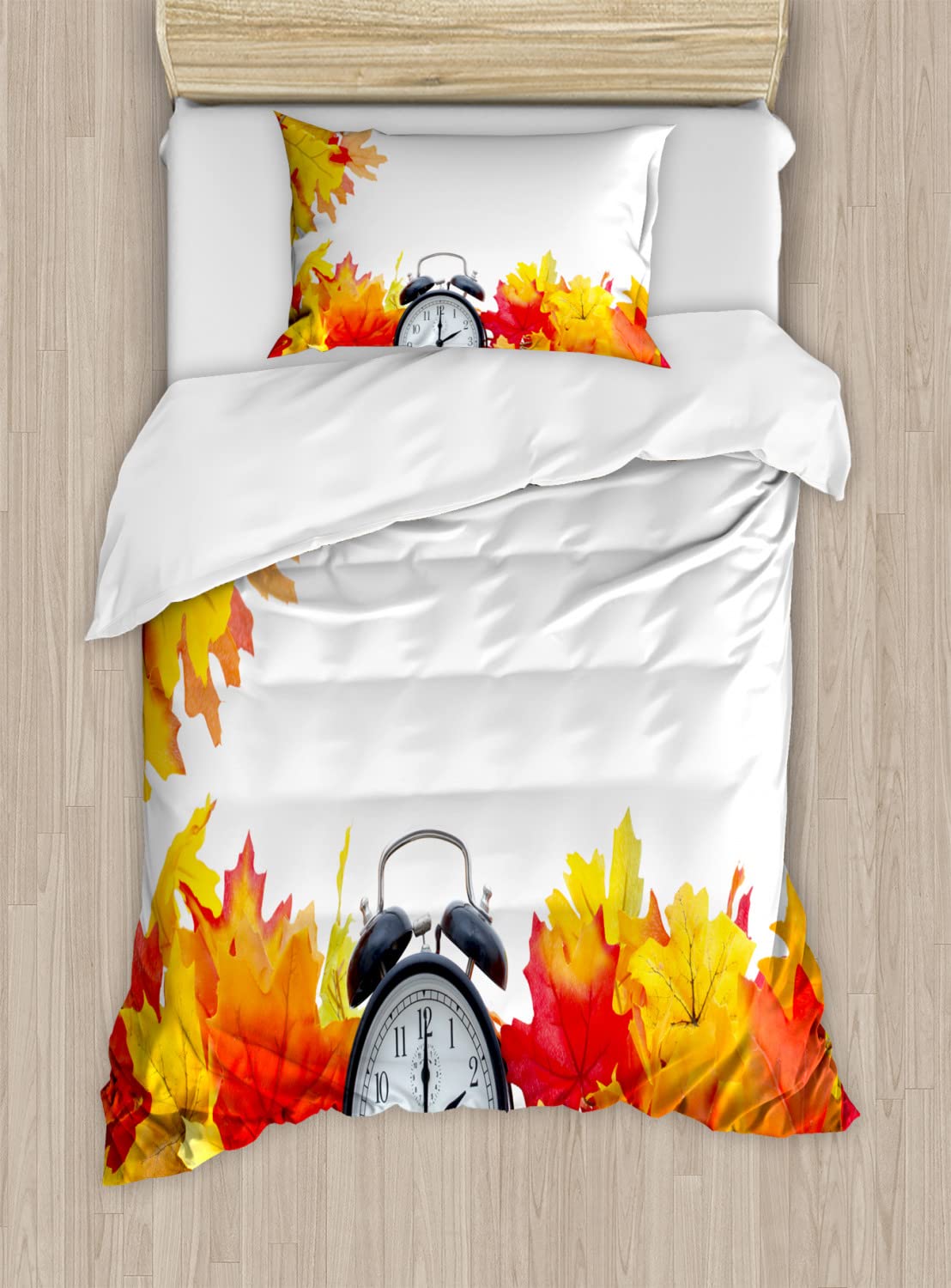 Ambesonne Autumn Leaves Alarm Clock Duvet Cover Set - 2 Pack Queen Size Bedding with 2 Duvet Covers & 4 Pillowcases, White and Orange Fall Season Theme - Perfect for Cozy Autumn Bedrooms and Seasonal Home Decor