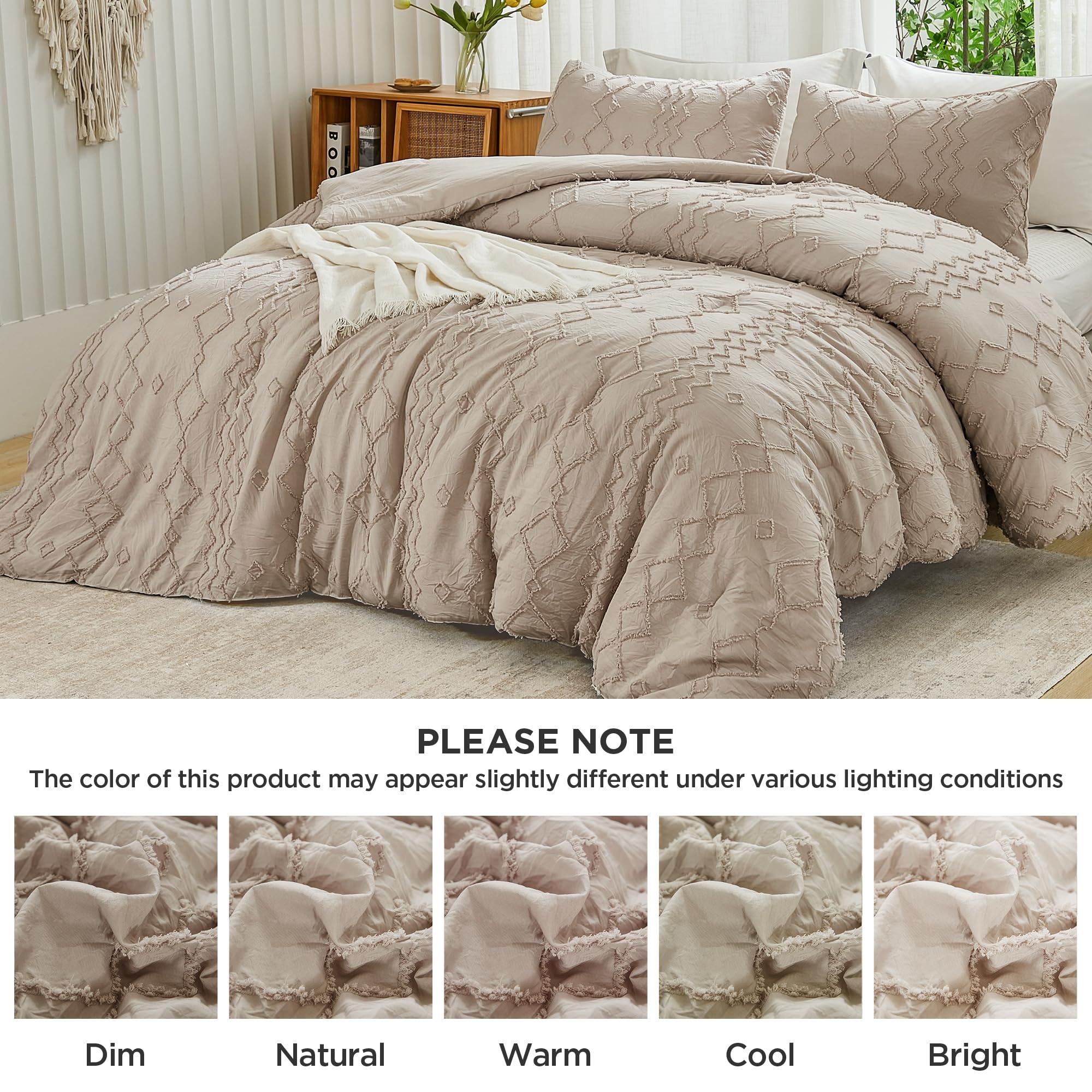 **Andency Khaki Tufted Comforter Set Full (79x90 Inch) - 3 Piece Boho Farmhouse Bedding with Geometric Design, Microfiber Down Alternative - Perfect for Cozy Bedrooms & Guest Rooms**