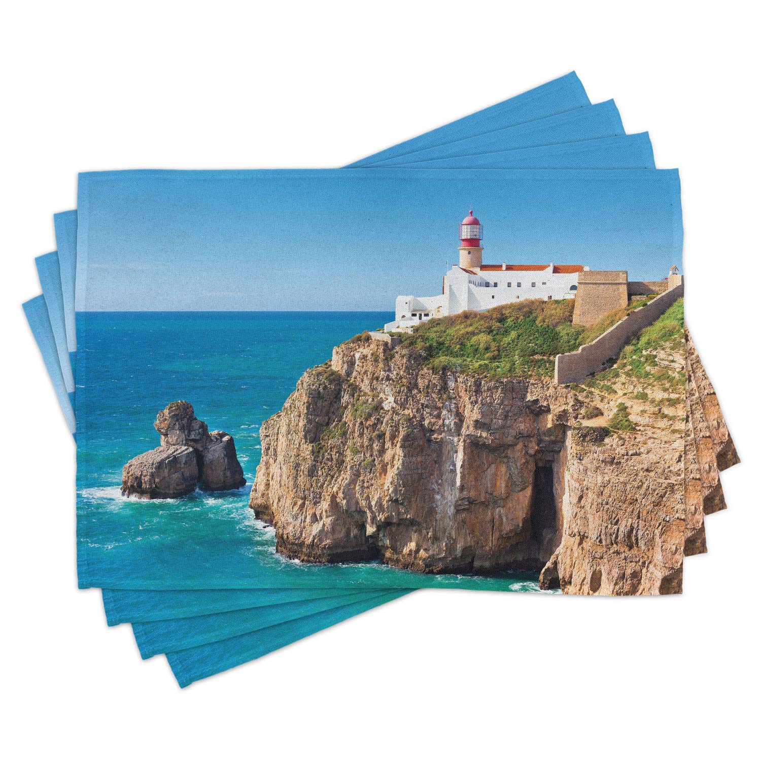 Ambesonne 4-Piece Lighthouse Placemats Set - Coastal Rocky Shore Seaside Decor, Washable Fabric Table Mats for Dining Room & Kitchen, Multicolor - Perfect for Beach House, Nautical Theme, and Ocean-Inspired Home Decor