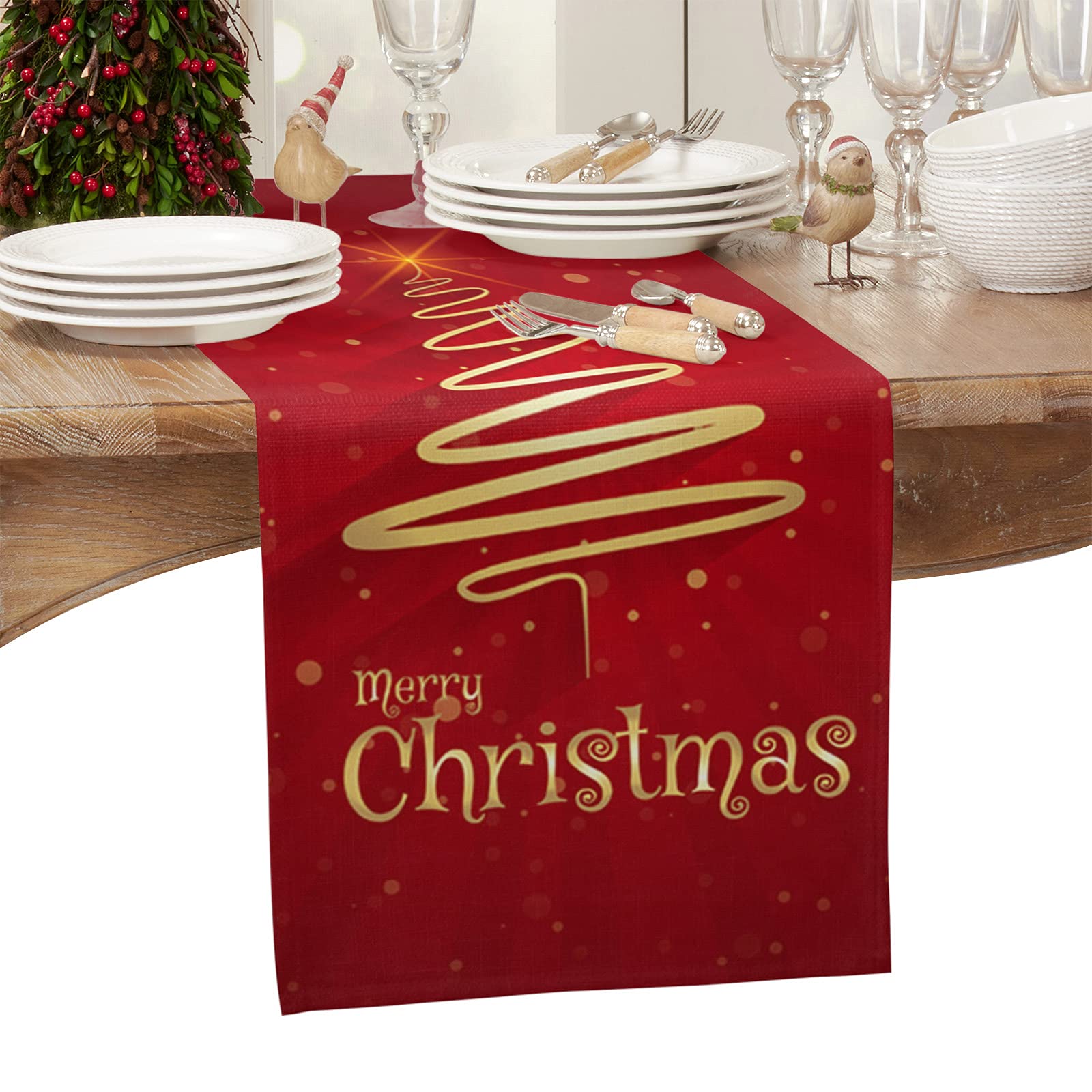 Lilmeme 108-Inch Christmas Tree Table Runner - Farmhouse Style Holiday Decor for Weddings, Coffee Tables & Parties - Heat Resistant Red Table Linen (13x108 inches) - Perfect for Indoor/Outdoor Christmas Celebrations & Home Decor