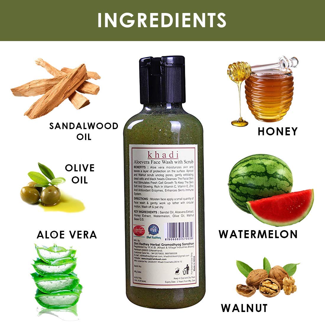 KHADI RISHIKESH Herbal Aloe Vera Face Wash with Scrub - 100% Natural, Deep Cleansing & Exfoliating for Glowing Skin - Perfect for Daily Skincare Routine & Acne-Prone Skin (Pack of 1)
