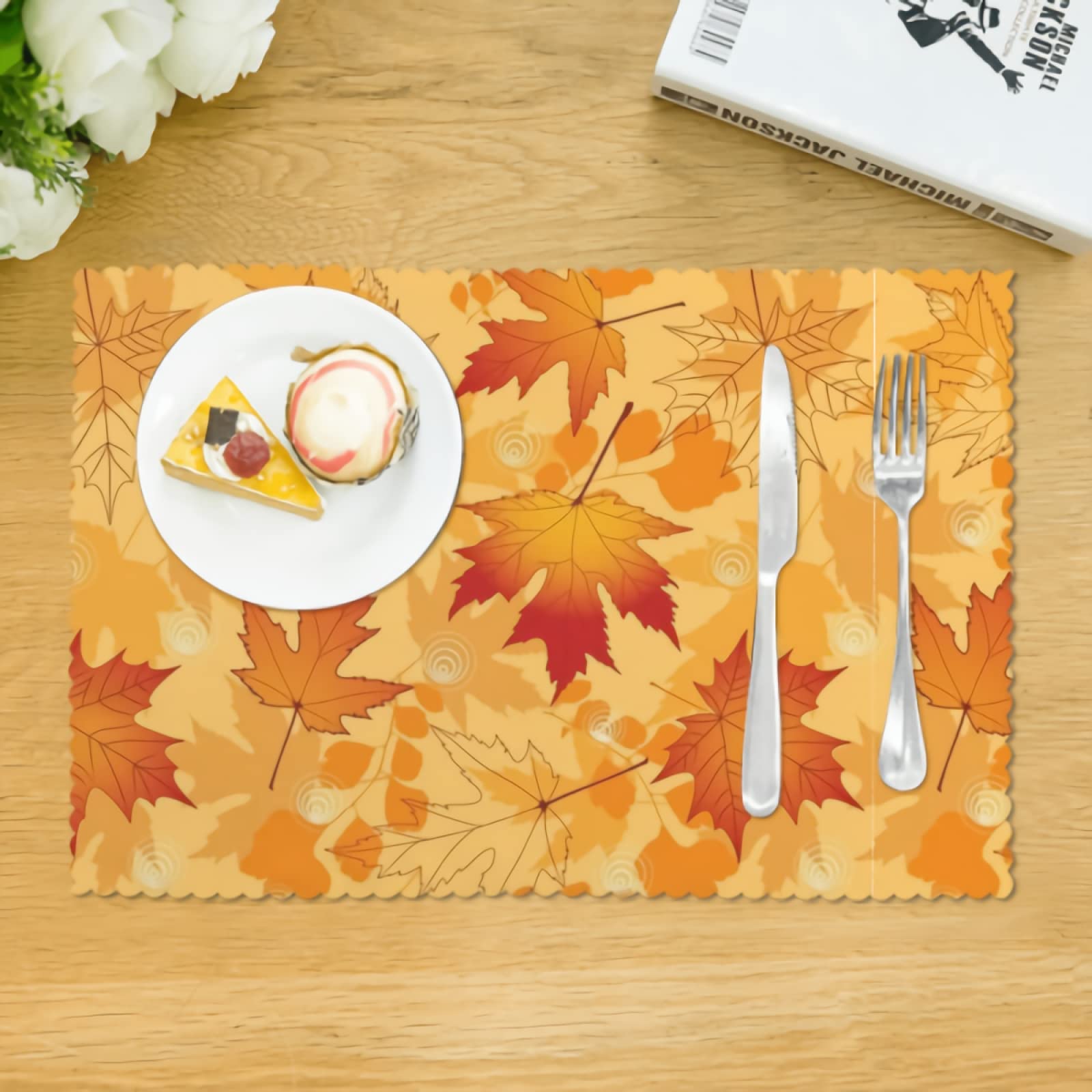 Fall Placemats Set of 4 - 12x18 Inch Stain Resistant Polyester Table Mats with Autumn Maple Leaf Design, Yellow Thanksgiving Decor for Kitchen & Dining Table | Perfect for Holiday Gatherings, Family Dinners & Seasonal Home Decor