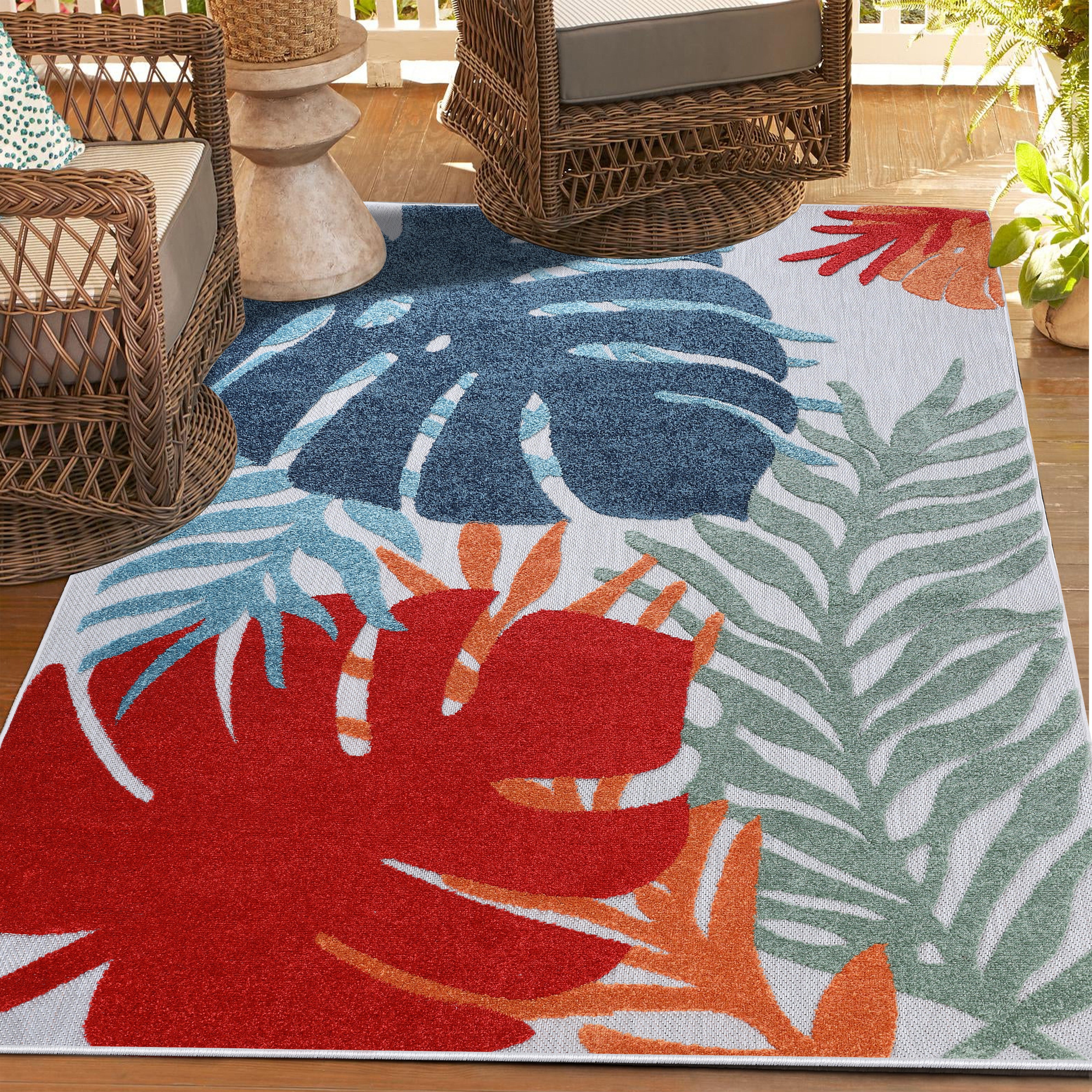 Waikiki Oversized Tropical Leaves Coastal Indoor Outdoor Area Rug - Perfect for Beach House, Boho Living Room, and Patio Decor