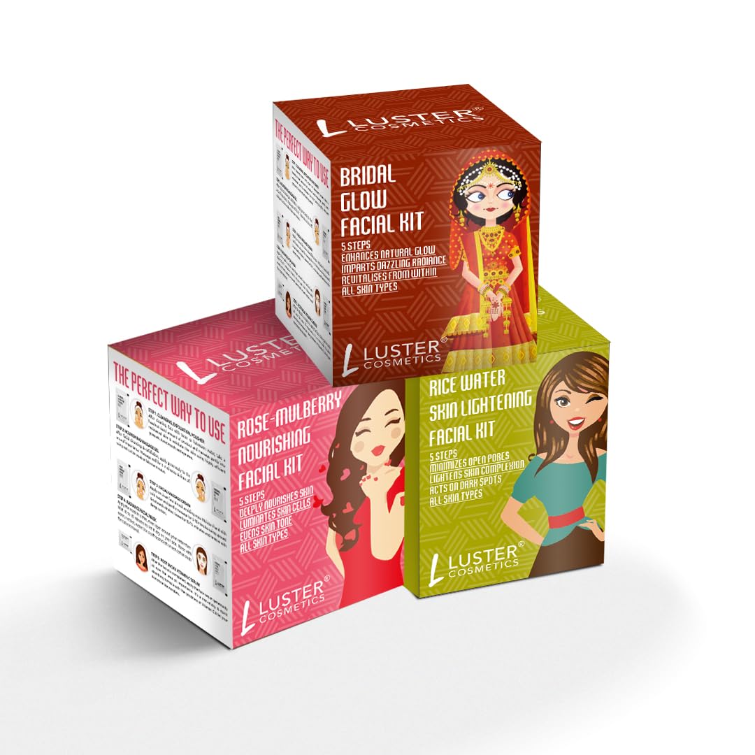 Luster Cosmetics 5-Step Bridal Glow Facial Kit Combo Pack - Rose Mulberry & Rice Water Facial Treatment for Women & Men (45g Each) | Perfect for Wedding Prep, Spa Days & At-Home Skincare Routine