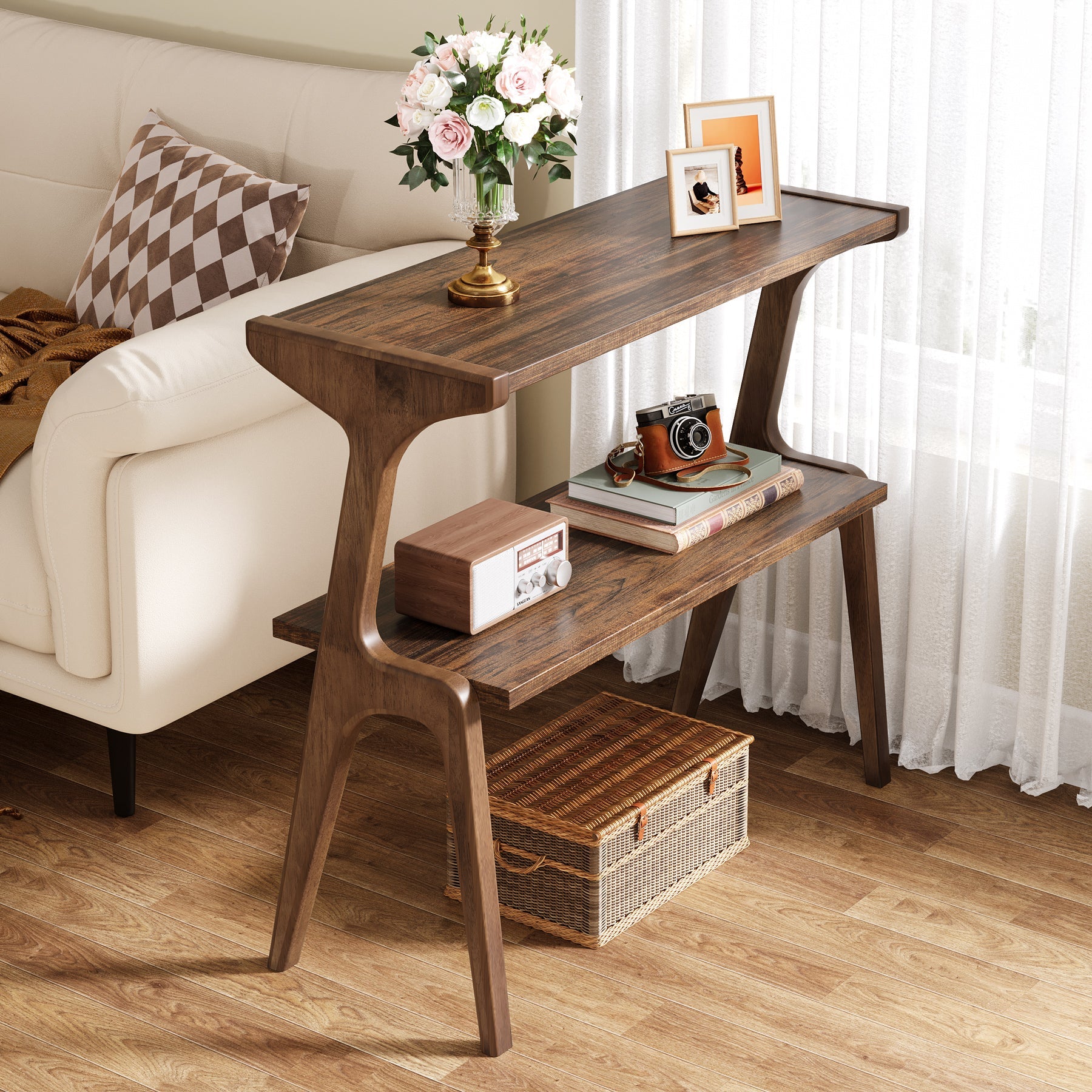 Solid Wood End Table with Storage Shelf - 2 Tier Sofa Side Table for Living Room, Bedroom & Office - Rustic Home Decor & Functional Furniture