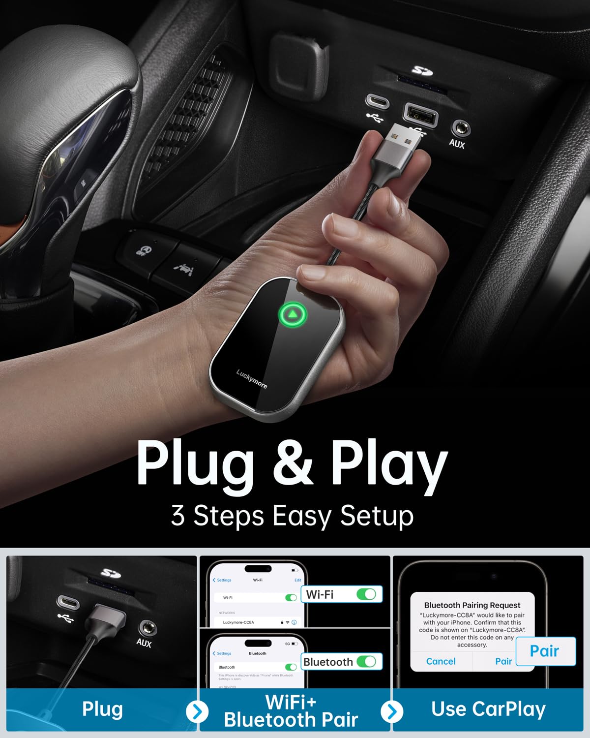 Luckymore Wireless CarPlay Adapter - Convert Wired to Wireless CarPlay Dongle for iPhone iOS 10+ | Plug & Play | Compatible with 2017+ Cars | Seamless Music Streaming & Hands-Free Calling for Safer Driving