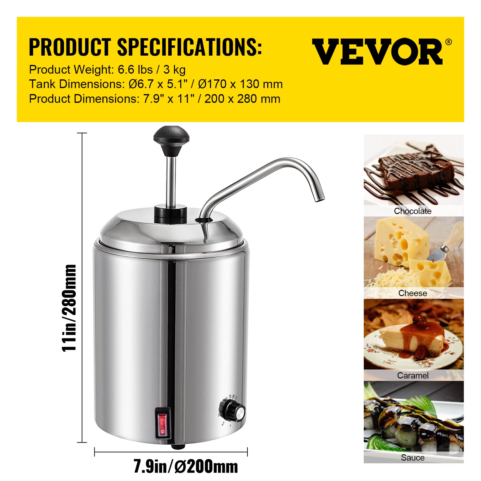 VEVOR 2.64 Qt Stainless Steel Cheese Dispenser with Pump - 650W Hot Fudge Warmer 110V, 30-110℃ Adjustable Temperature for Cheese, Caramel, Chocolate - Perfect for Restaurants, Cafes & Dessert Shops