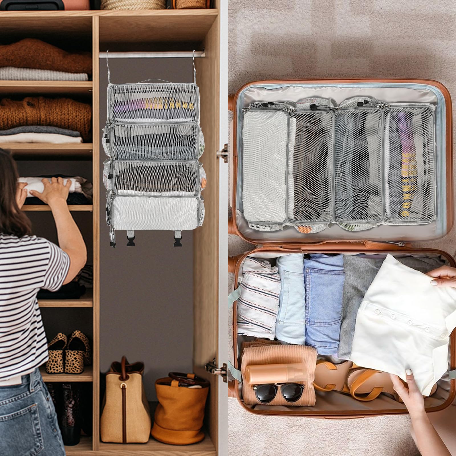 Surblue Travel Hanging Packing Cubes - 4 Shelf Closet Organizer with 2 Hooks, Portable Compression Luggage Storage for Clothes (Medium, Light Grey) | Perfect for Suitcase Organization, Business Trips & Vacation Packing