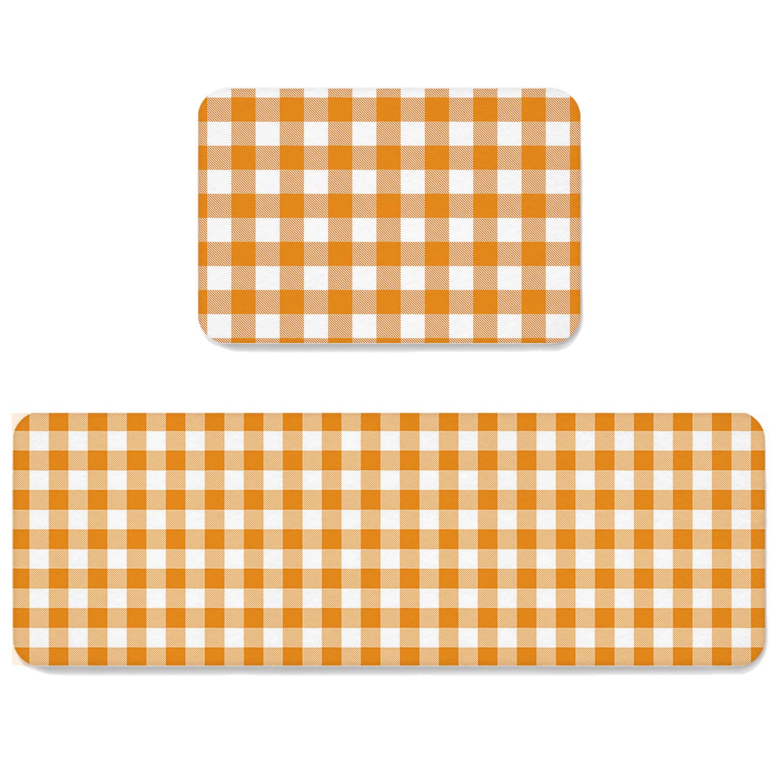 Buffalo Plaid Orange Kitchen Mat Set of 2 - Cushioned Anti-Fatigue Floor Mats, Waterproof & Non-Slip Kitchen Rugs for Farmhouse Style - Perfect for Kitchen, Laundry Room & High-Traffic Areas