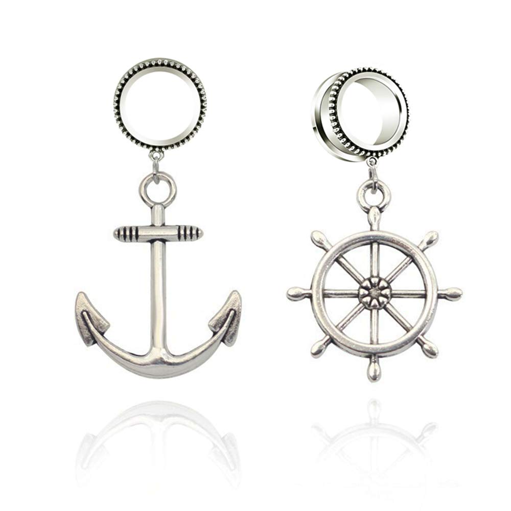 6-30mm Stainless Steel Anchor Dangle Flesh Tunnel Ear Gauges - Body Jewelry Plugs for Ear Stretching & Piercing - Perfect for Goth, Punk & Alternative Fashion Styles