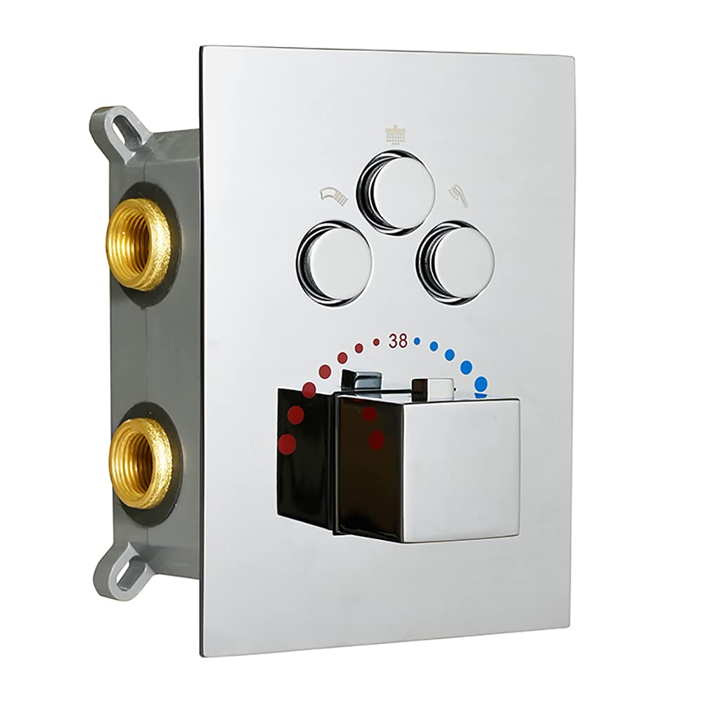 3-Function Brass Shower Diverter Thermostatic Valve - Pressure Balanced Mixer with Polished Chrome Trim - Simultaneous Multi-Function Use for Bathroom, Spa & Luxury Shower Systems