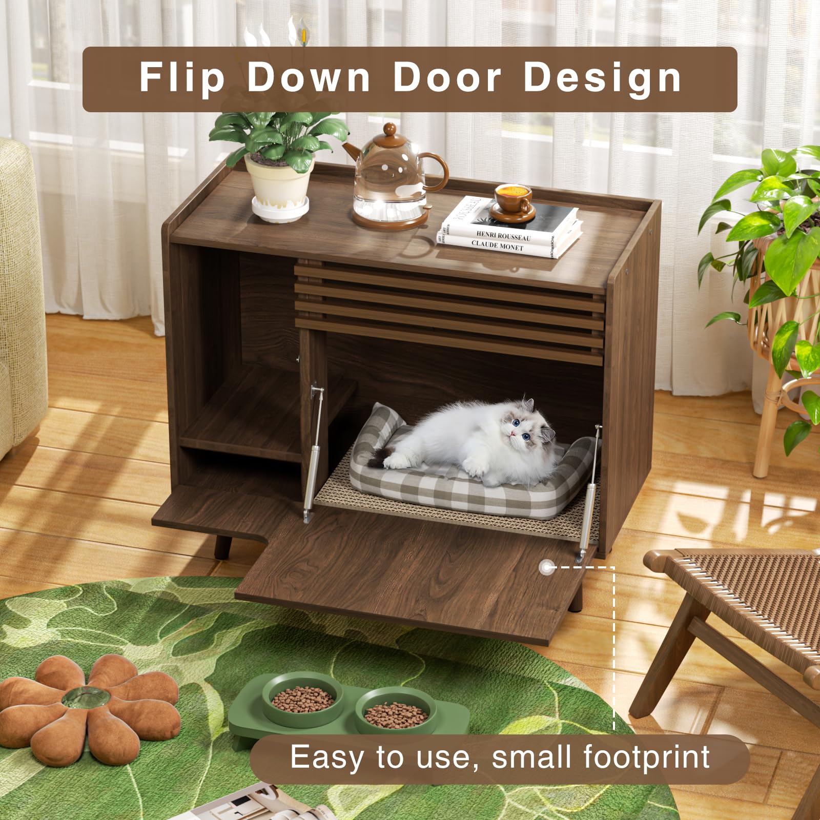 Mid-Century Modern Cat Litter Box Enclosure Furniture - Hidden Litter Box Cabinet with Scratch Pad & Flip-Down Door, Brown End Table for Living Room & Bedroom Cat Washroom Solution