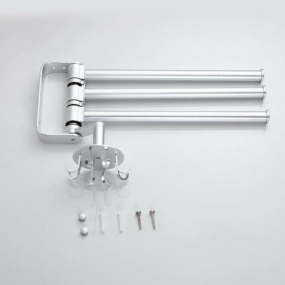 Rotating Wall Mounted Towel Holder - Adjustable Swivel Bathroom Storage Organizer for Towels, Robes & Kitchen Utensils - Easy Install Rustproof Bathroom & Kitchen Decor Accessory (Perfect for Small Spaces & Modern Homes)