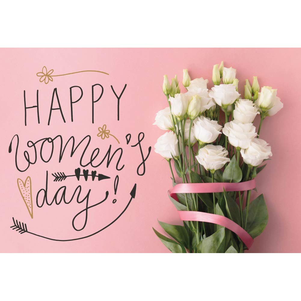 YongFoto 5x3ft Women's Day Photography Backdrop - Grunge Handwriting with White Roses & Ribbon Pink Background for Party Decor, Photo Booth Props | Perfect for Women's Day Celebrations, Baby Showers & Bridal Events