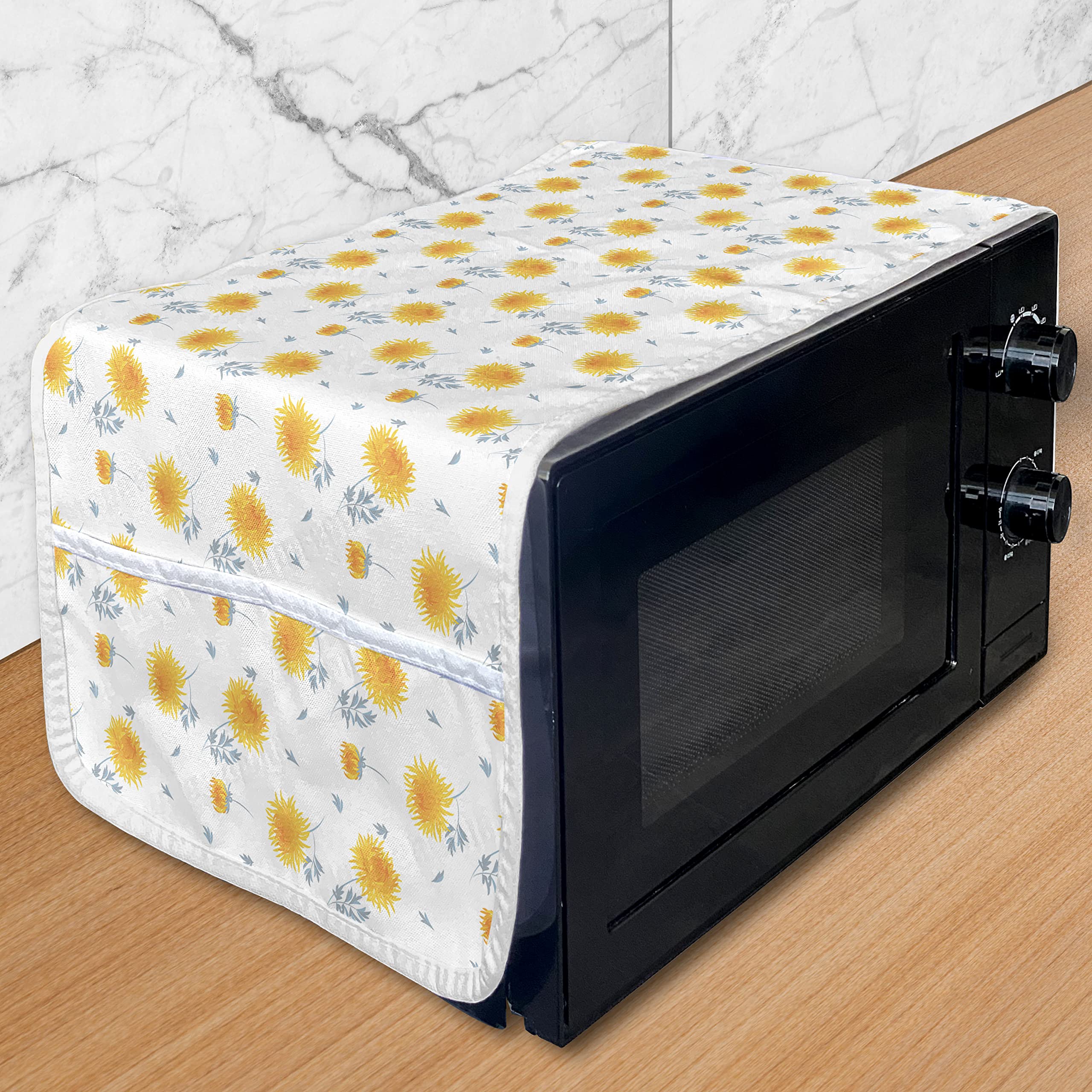 Ambesonne Yellow Flower Microwave Cover - Waterproof Kitchen Organizer with Pockets, 36