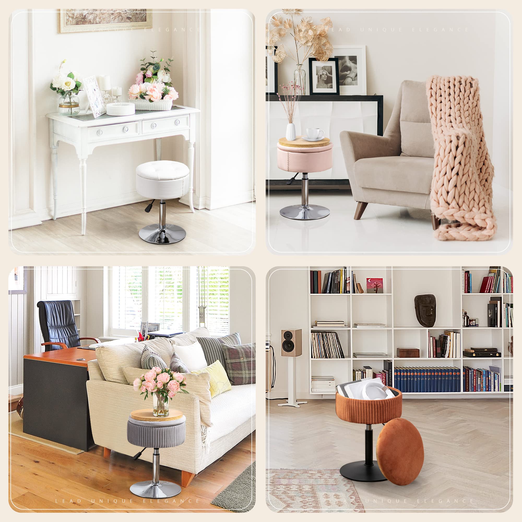 LUE BONA 360° Swivel Vanity Stool Chair with Storage - Adjustable Height Makeup Stool, Small White Faux Leather Stool for Bathroom, Living Room & Dressing Room - Perfect for Makeup, Reading & Relaxing