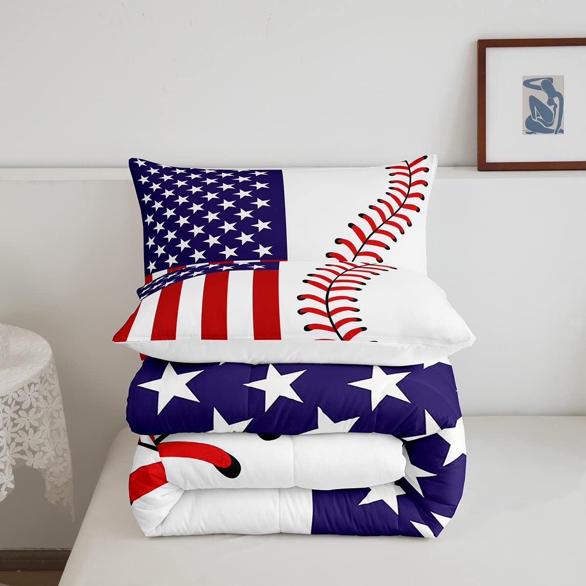 American Flag Comforter Set Twin - Abstract Baseball Bedding 2pc for Kids, Teens & Adults | Sports Themed Quilt with Pillowcase | Red & White Duvet Cover | Perfect for Boys Room, Game Day Decor & Patriotic Bedroom Style