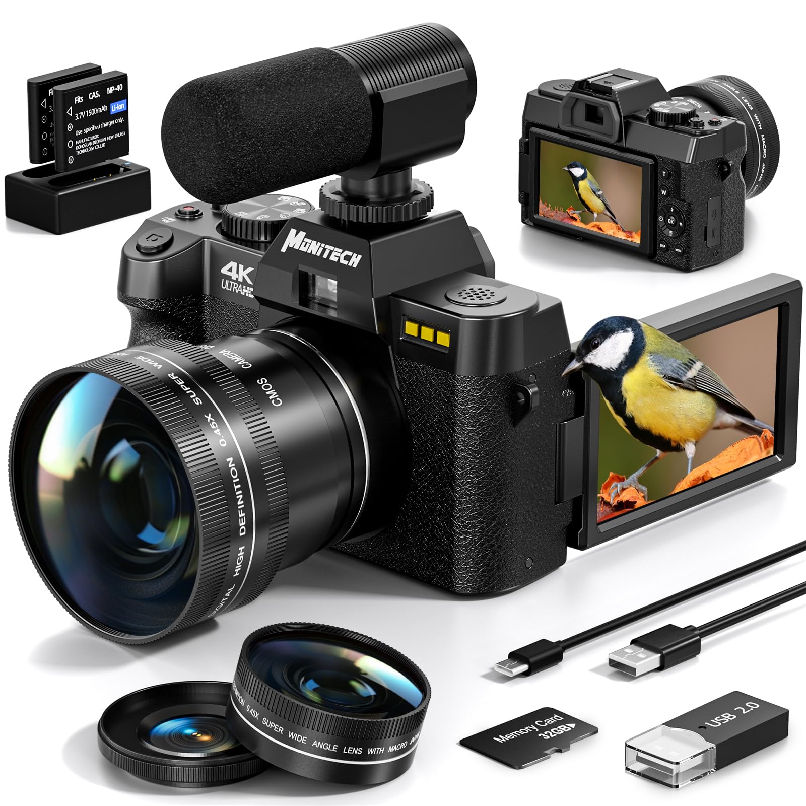 4K Digital Camera for Photography & Vlogging - 48MP YouTube Camera with 180° Flip Screen, 16X Zoom, Autofocus, Flash, 52mm Wide Angle & Macro Lens - Includes 2 Batteries & 32GB SD Card (S100, Black) - Perfect for Travel, Blogging, and Content Creation