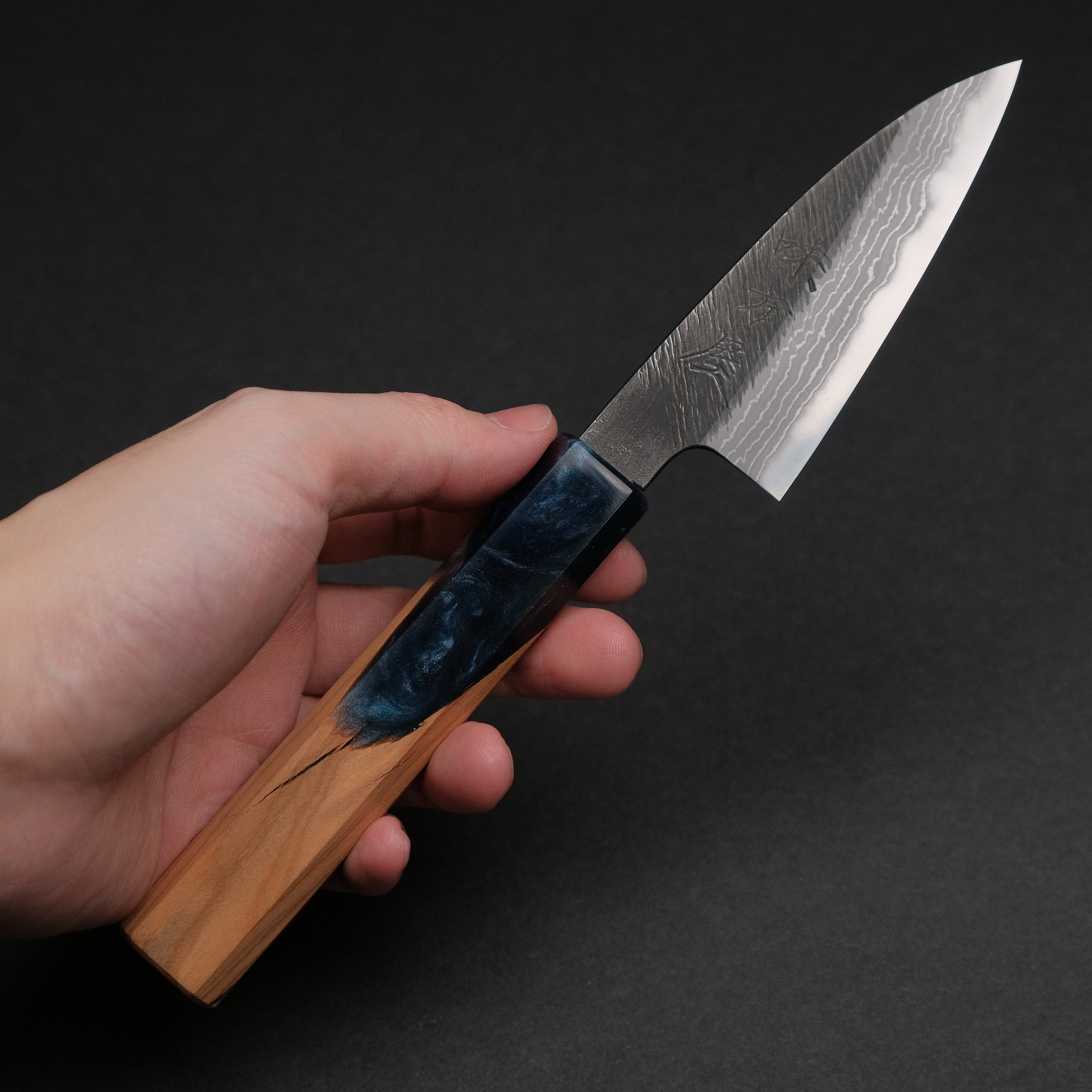 Ajikataya White #2 Matsuba Damascus Petty Knife 80mm - Olive Wood & Resin Handle - Japanese Kitchen Knife for Slicing, Peeling & Precision Cutting - Perfect for Chefs & Home Cooks