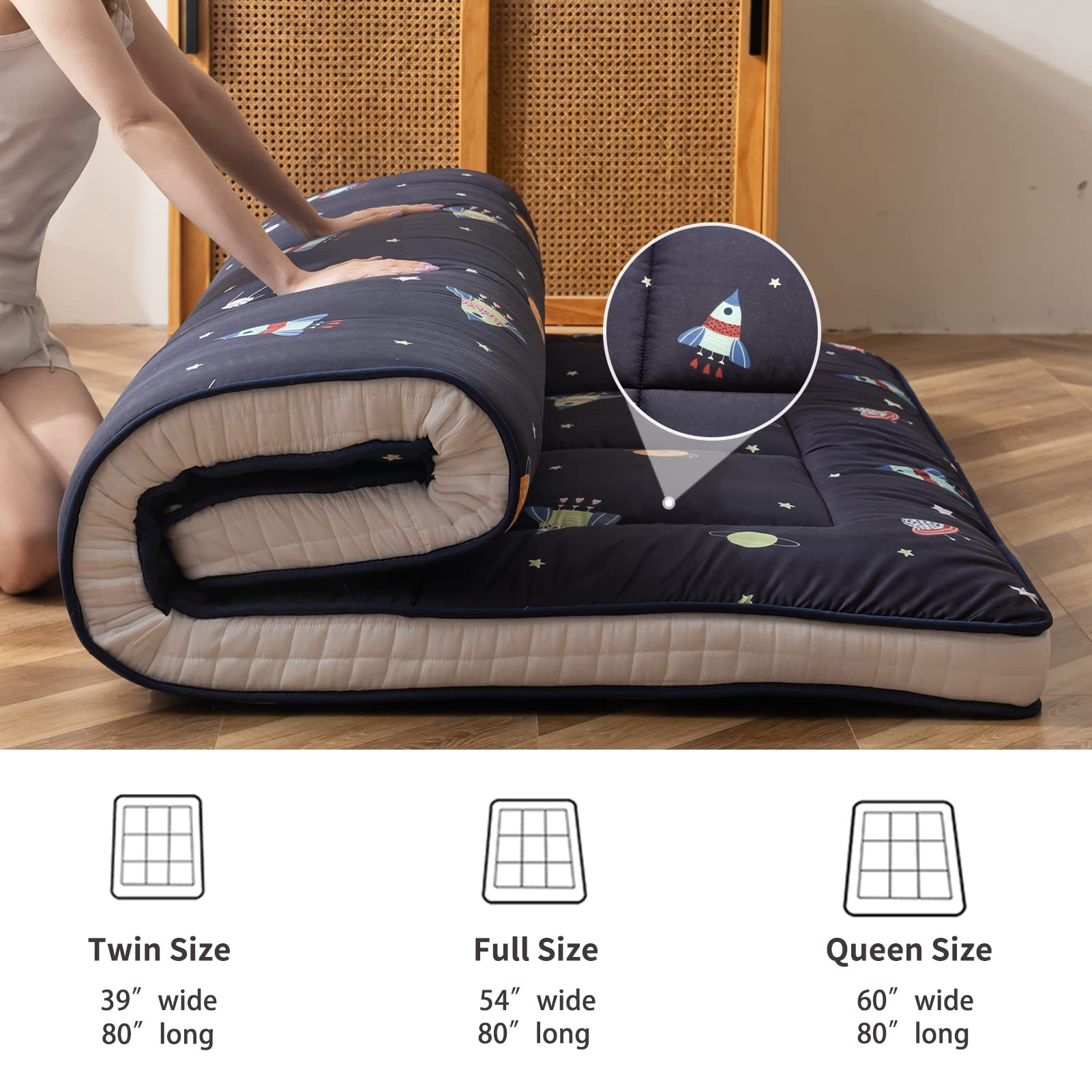 MAXYOYO Extra Thick Futon Floor Mattress - 4 Inch Padded Japanese Folding Roll Up Mattress Sleeping Pad for Guest Bed, Camping & Home Use