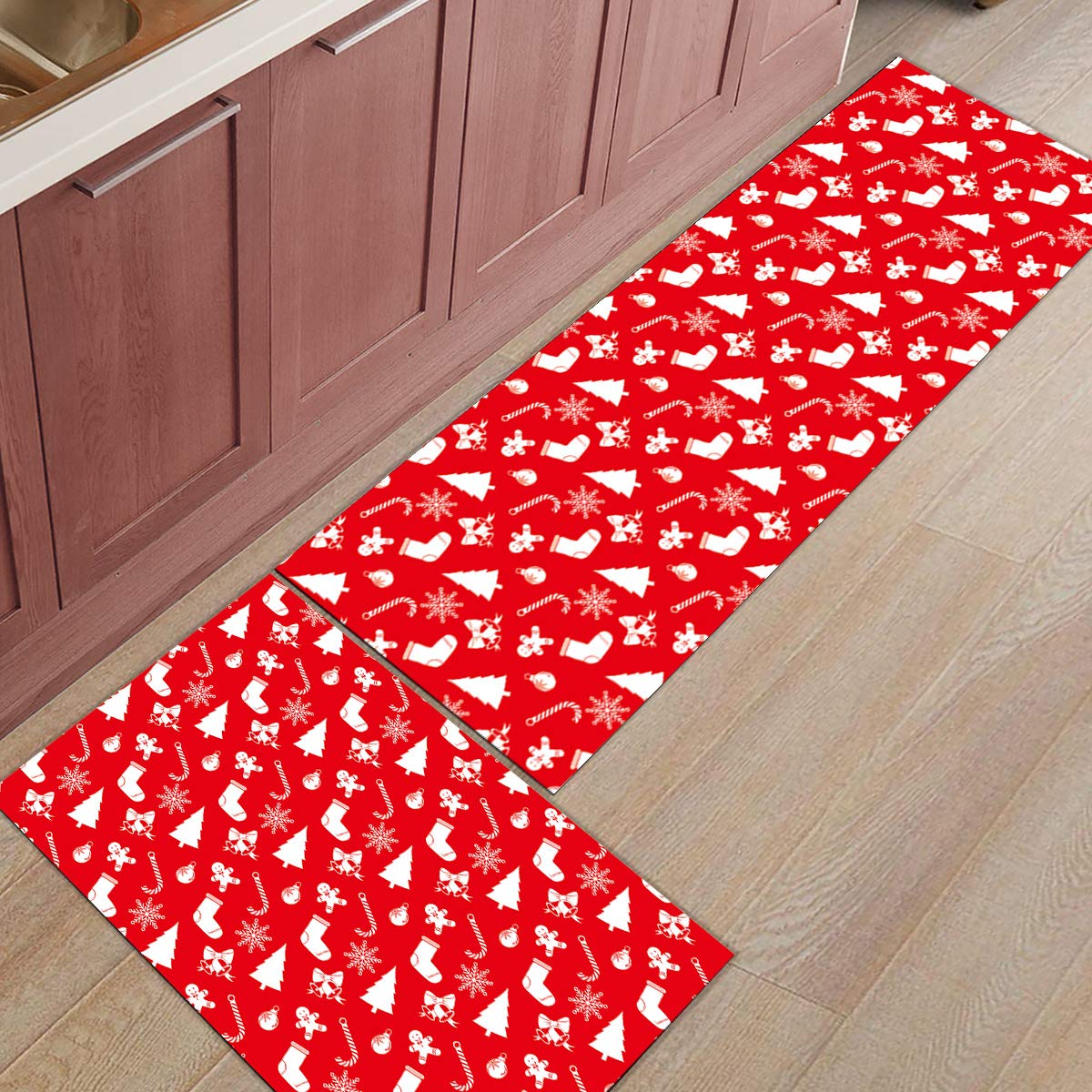 Christmas Gingerbread Man Non-Slip Kitchen Runner Rug - Red Holiday Themed Floor Mat for Laundry, Bedside, Bathroom & Bedroom - Set of 2 - Perfect for Festive Home Decor & Winter Safety