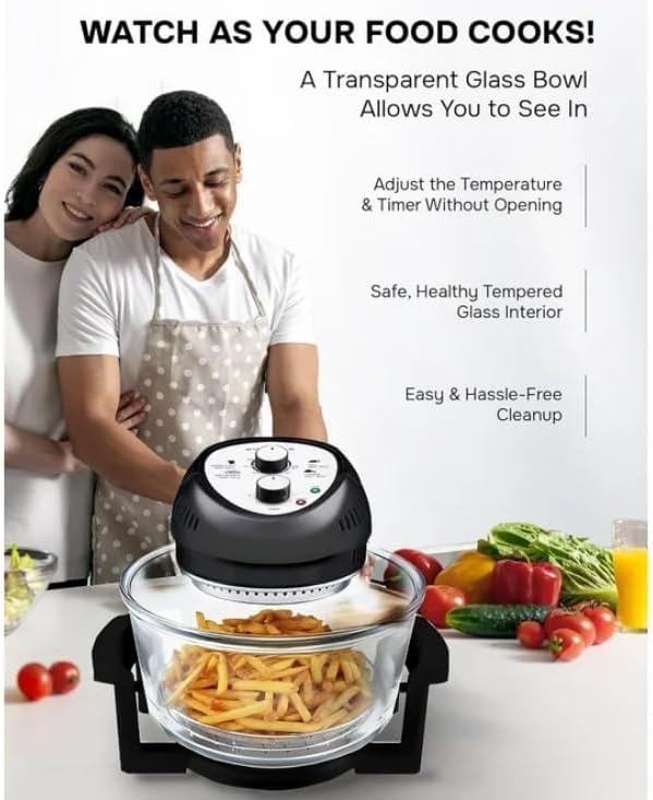 16Qt Air Fryer Toaster Oven Combo - 1300W Countertop Convection Oven with Rotisserie & Large Glass Bowl - Perfect for Baking, Roasting, Air Frying - Black (Ideal for Small Kitchens, Dorms, Apartments)