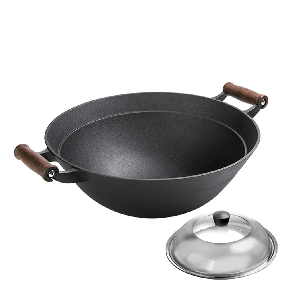 ADKINC 15 Inch Cast Iron Wok Pan with 2 Helper Handles & Lid - Professional Chinese Restaurant Style Carbon Steel Wok for Stir Frying, Deep Frying & Home Cooking - Black