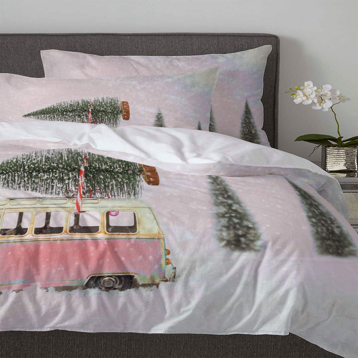 LooPoP Pink Christmas Twin Bedding Set - 3 Piece Comforter with Duvet Cover & Pillow Shams for Teens, Boys & Girls | Holiday Snow Bus & Pine Tree Design | Cozy Winter Bedroom Decor for Kids Rooms & Guest Bedrooms