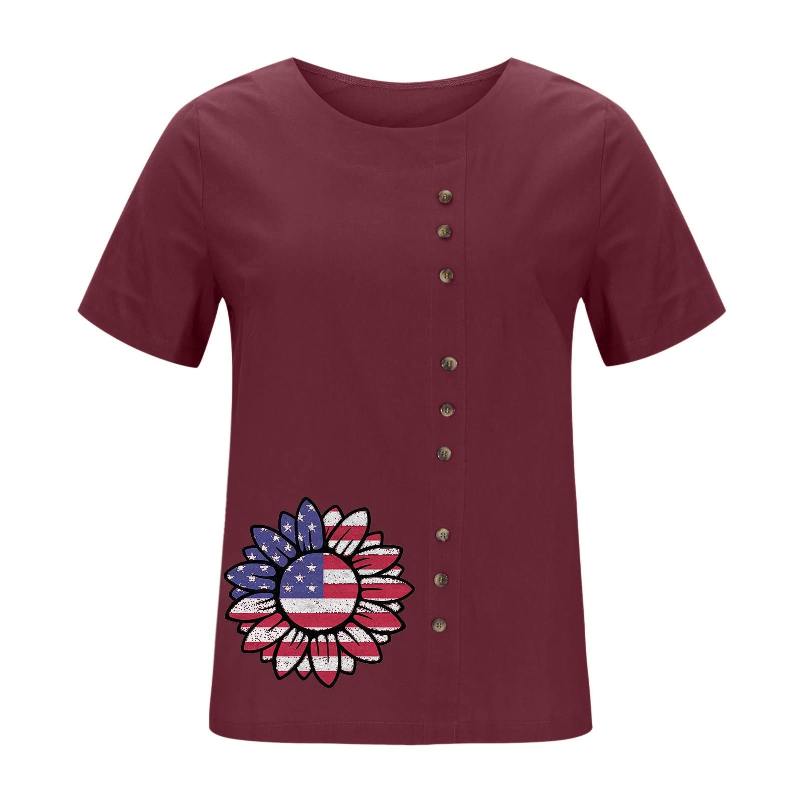 Women's Floral Print Short Sleeve Crew Neck Tunic Top - Casual Summer T-Shirt for Independence Day & Everyday Wear | Perfect for Picnics, BBQs, and Patriotic Celebrations