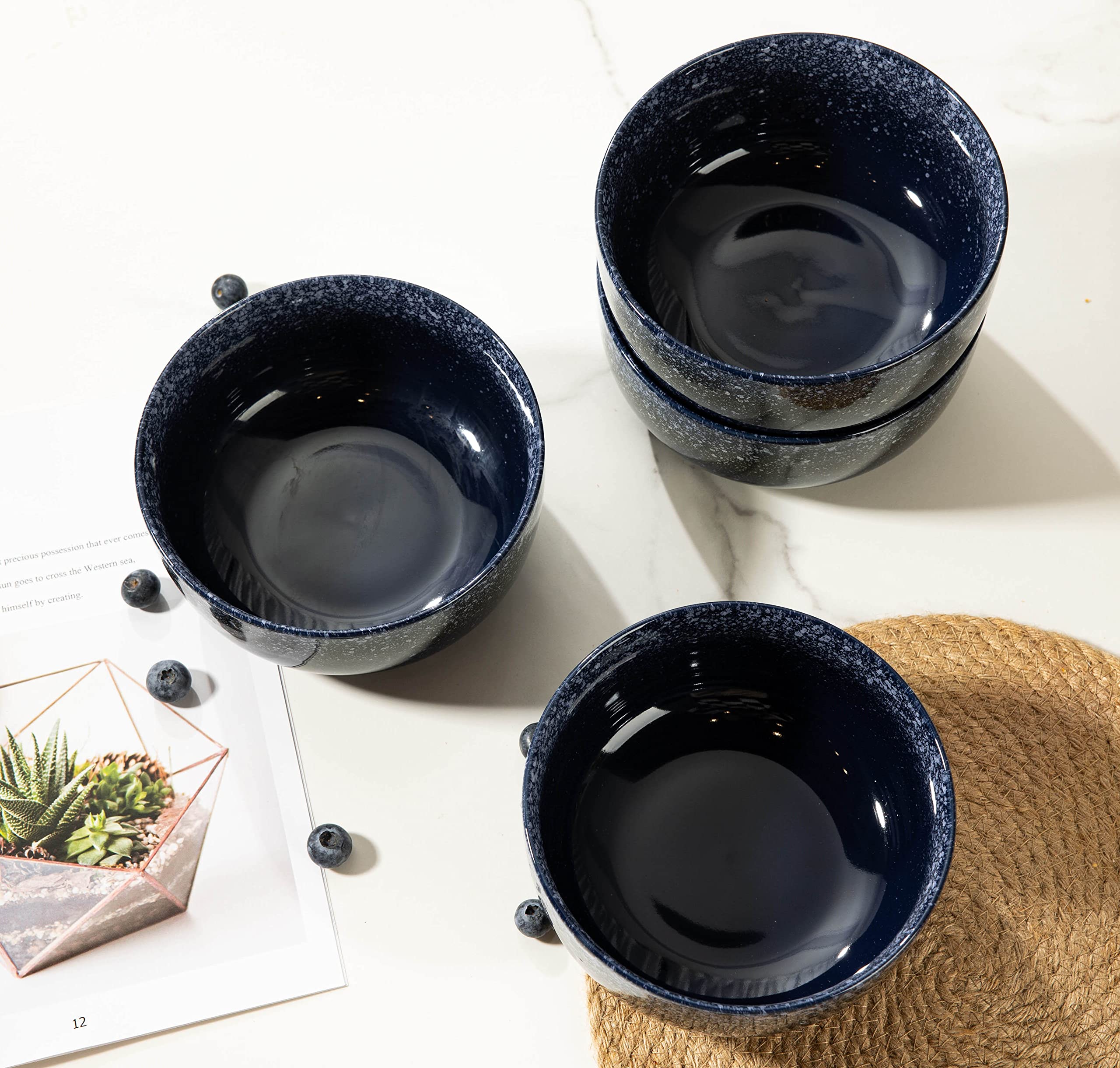 S&Q'S CERAMICS 36oz Bowl Set of 4 - Large Microwave & Dishwasher Safe Soup, Cereal, Oatmeal Bowls for Breakfast & Dining - Navy Blue - Perfect for Family Meals, Entertaining & Everyday Use