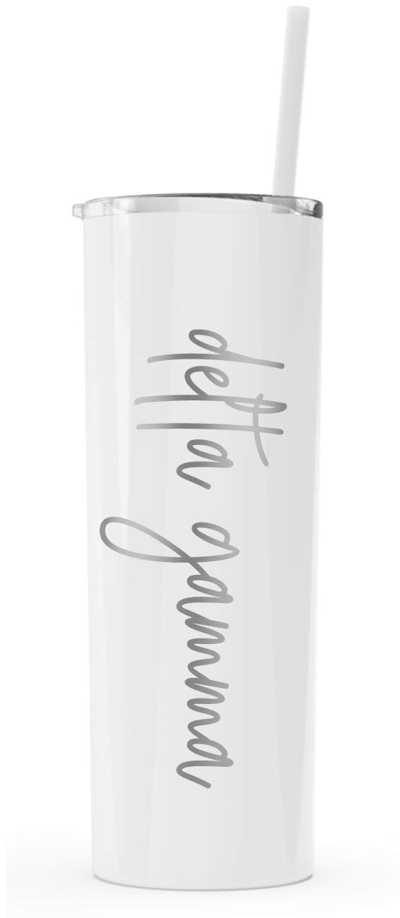 Delta Gamma Laser Engraved Skinny Tumbler with Straw - 20oz Insulated Stainless Steel Travel Mug - Perfect for Sorority Sisters, College Students & Greek Life Events (White)