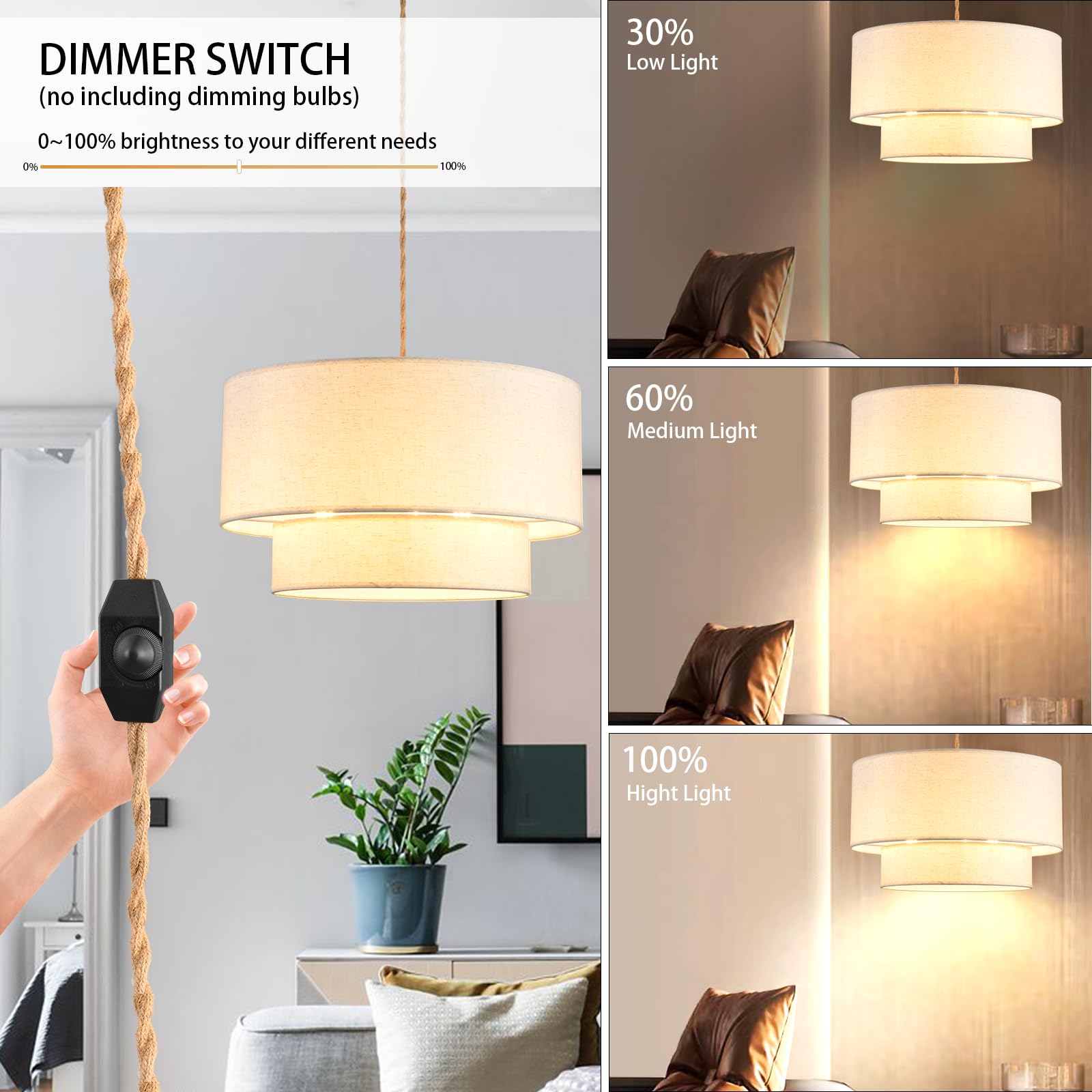 2-Tier Drum Linen Plug-in Pendant Light with 15ft Hemp Rope & Dimmable E26 Switch - 20
