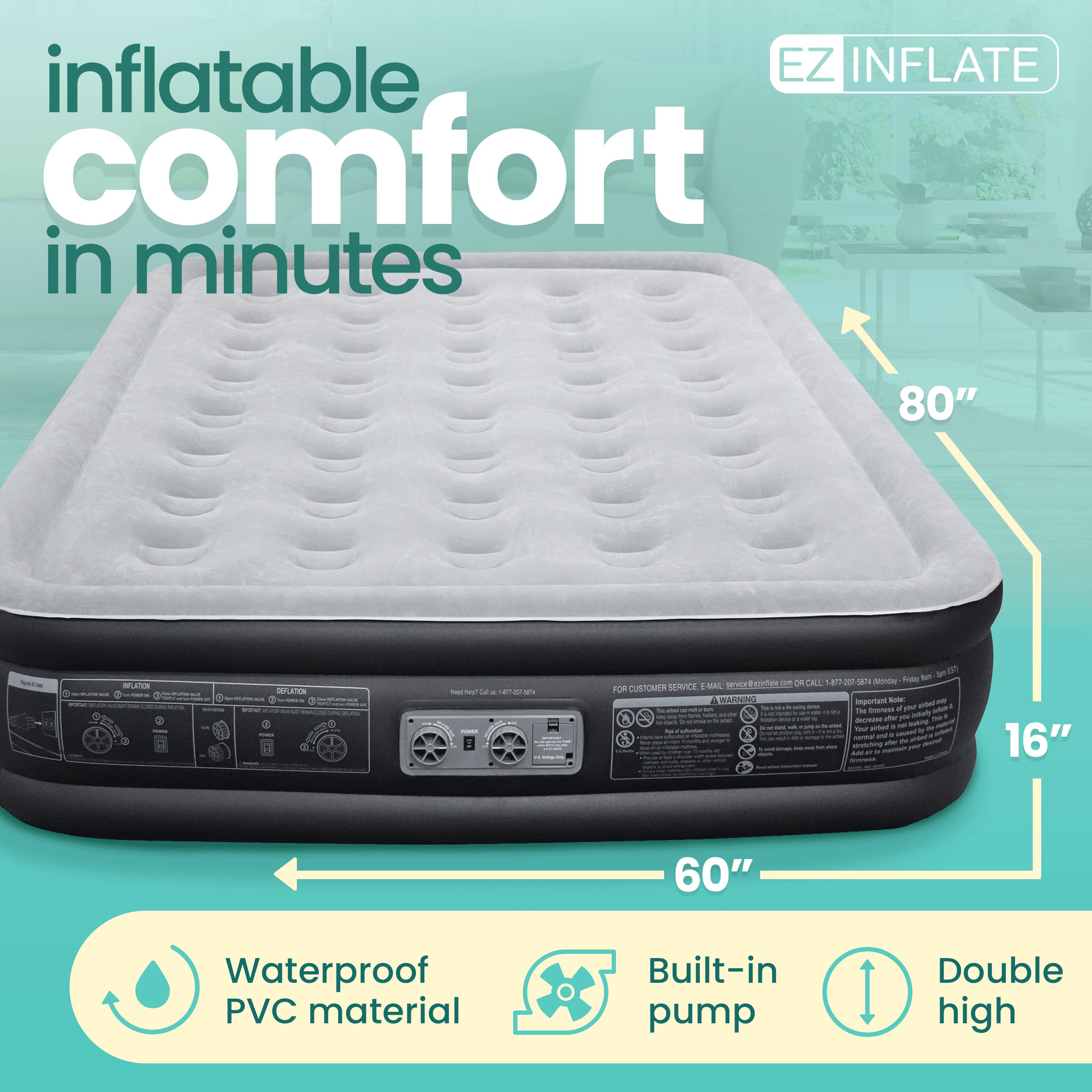 EZ INFLATE Double High Luxury Air Mattress with Built-in Pump - Queen Size Inflatable Mattress for Camping, Guest Bed & Home Use - Quick Inflation & Comfort Support