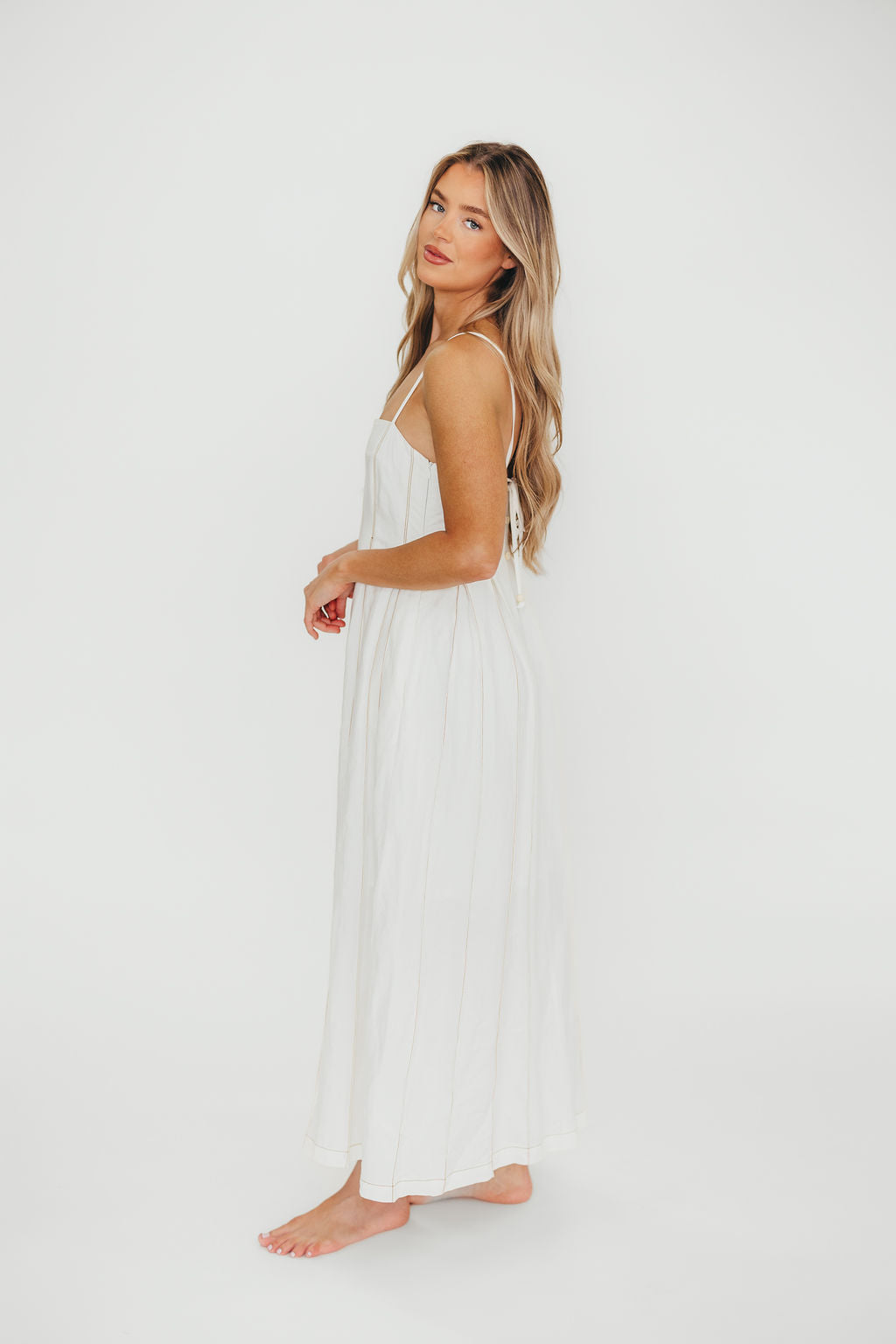 Mei Linen Stitch Maxi Dress in Cream | Women's Summer Boho Beach Dress | Perfect for Vacation, Wedding Guest & Casual Outings