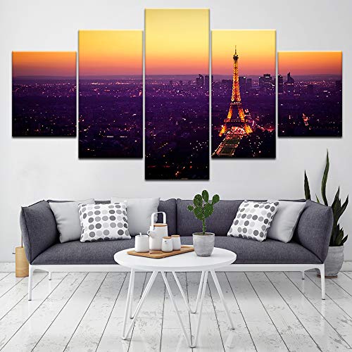 5-Piece Canvas Wall Art Set - Paris Tower Dusk Night Multi Panel Painting for Living Room & Home Decor - Framed Wall Art for Bedroom, Office & Dining Room