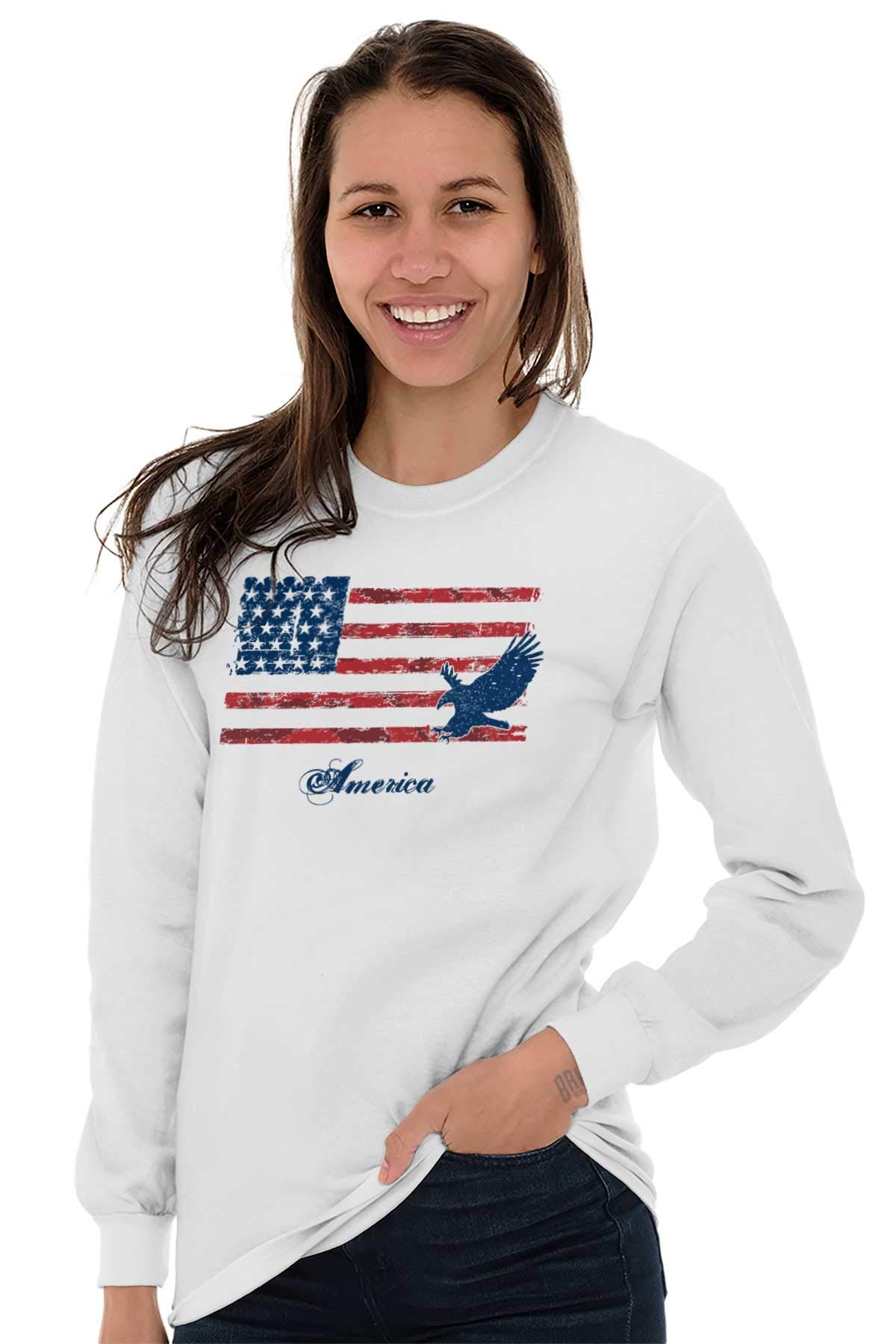 Patriotic American Flag & Eagle Long Sleeve T-Shirt for Men & Women - Durable Comfort Wear for Outdoor Activities, Casual Style & 4th of July Celebrations