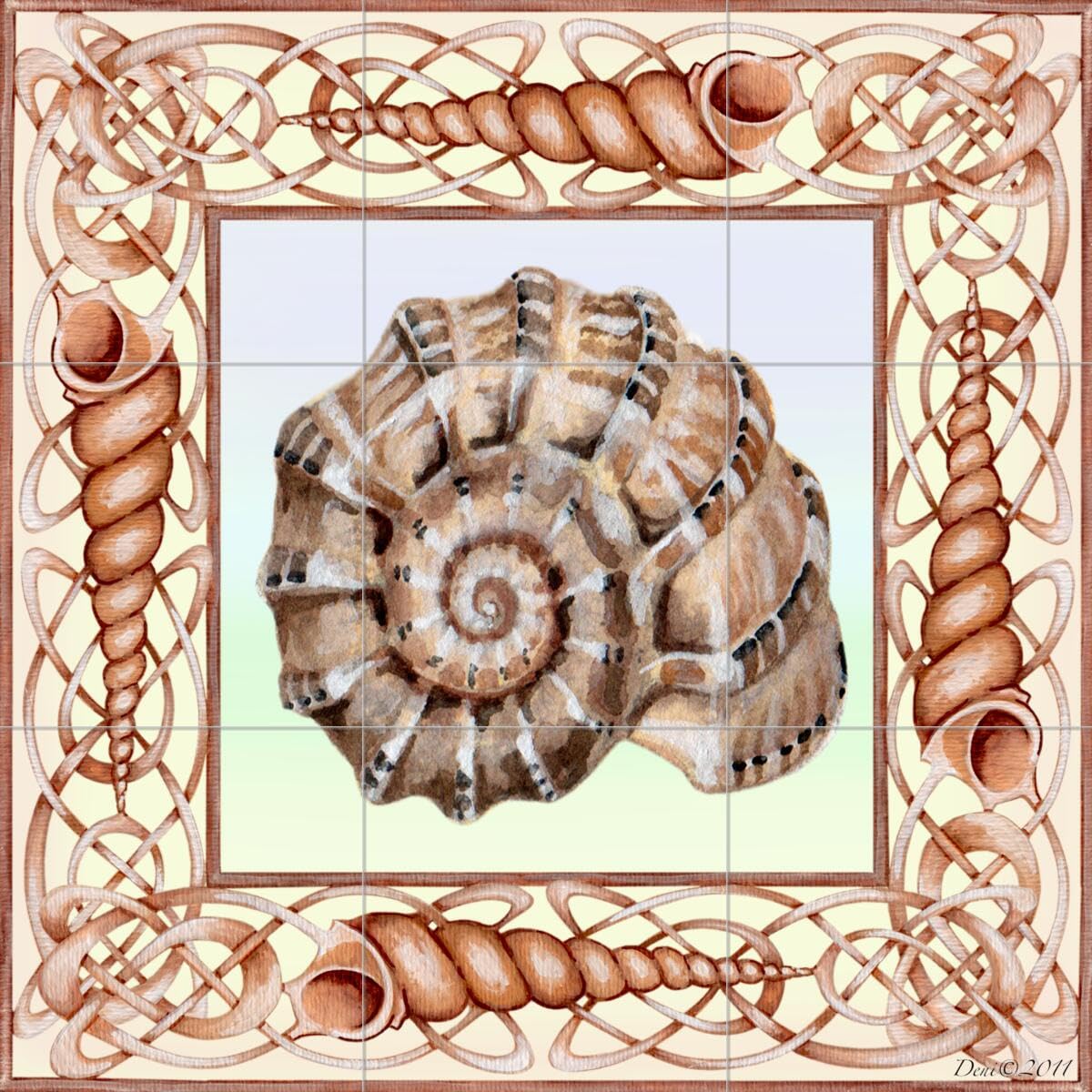 Denise Freeman Ceramic Backsplash Tile Mural - Sea Shell Themed Kitchen & Bathroom Wall Decor - 12x12 Inch Square Tiles for Shower, Backsplash & Home Renovation - Perfect for Coastal, Beach House & Nautical Style Interiors