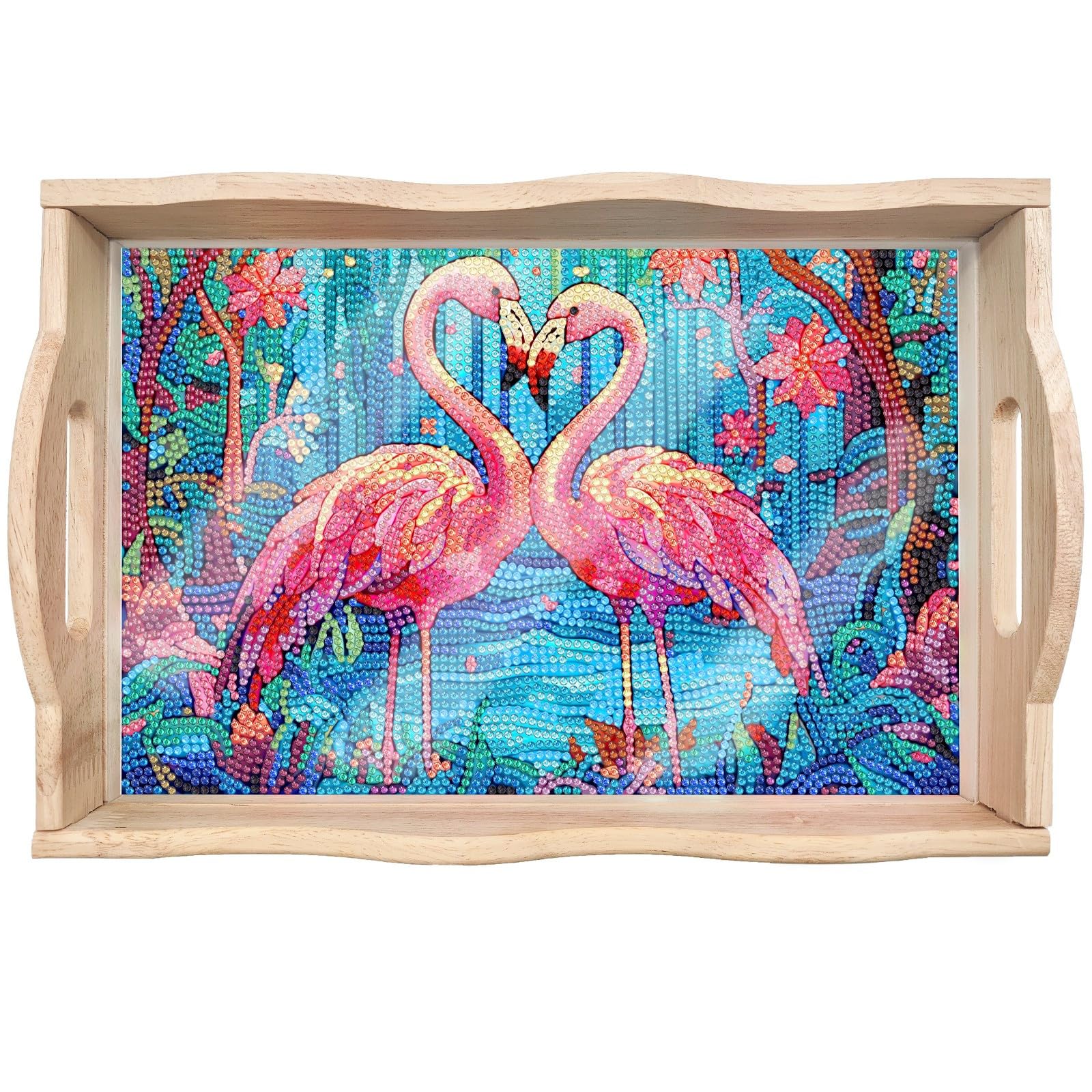 Handmade Diamond Art Wooden Tray - DIY Dot Drilled Rectangle Serving Tray for Restaurant, Snacks, Tea & Coffee | Flamingo Design | Perfect for Home Decor, Gift Giving & Craft Projects