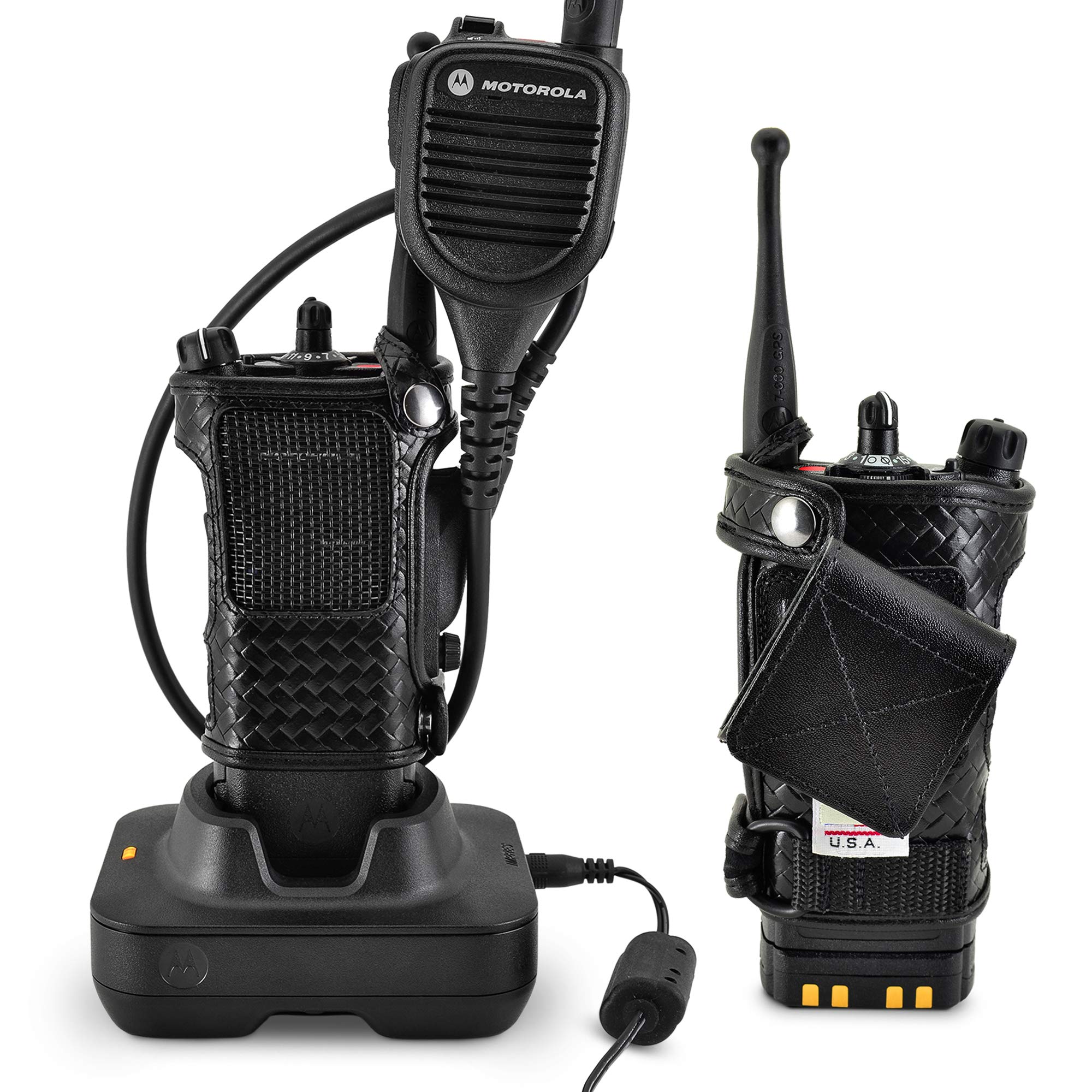 Durable Basket Weave Leather Radio Holster for Motorola APX6000 - Heavy-Duty Ratcheting 2.25