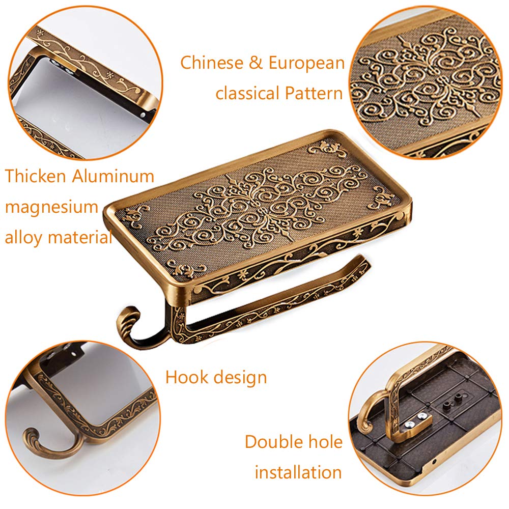 Vintage Carved Toilet Paper Holder with Phone Shelf & Hook - Space Saving Aluminum Bathroom Tissue Holder - Wall Mounted WC Paper Rack for Home, Office, and RV Bathrooms