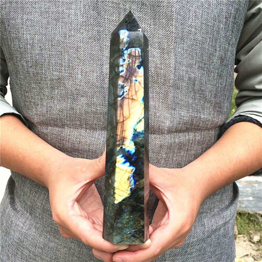 Natural Labradorite Obelisk Quartz Crystal Wand - 850g/1000g Healing Stone for Meditation, Reiki & Energy Work - GOSOU Gemstone Point for Spiritual Growth & Home Decor