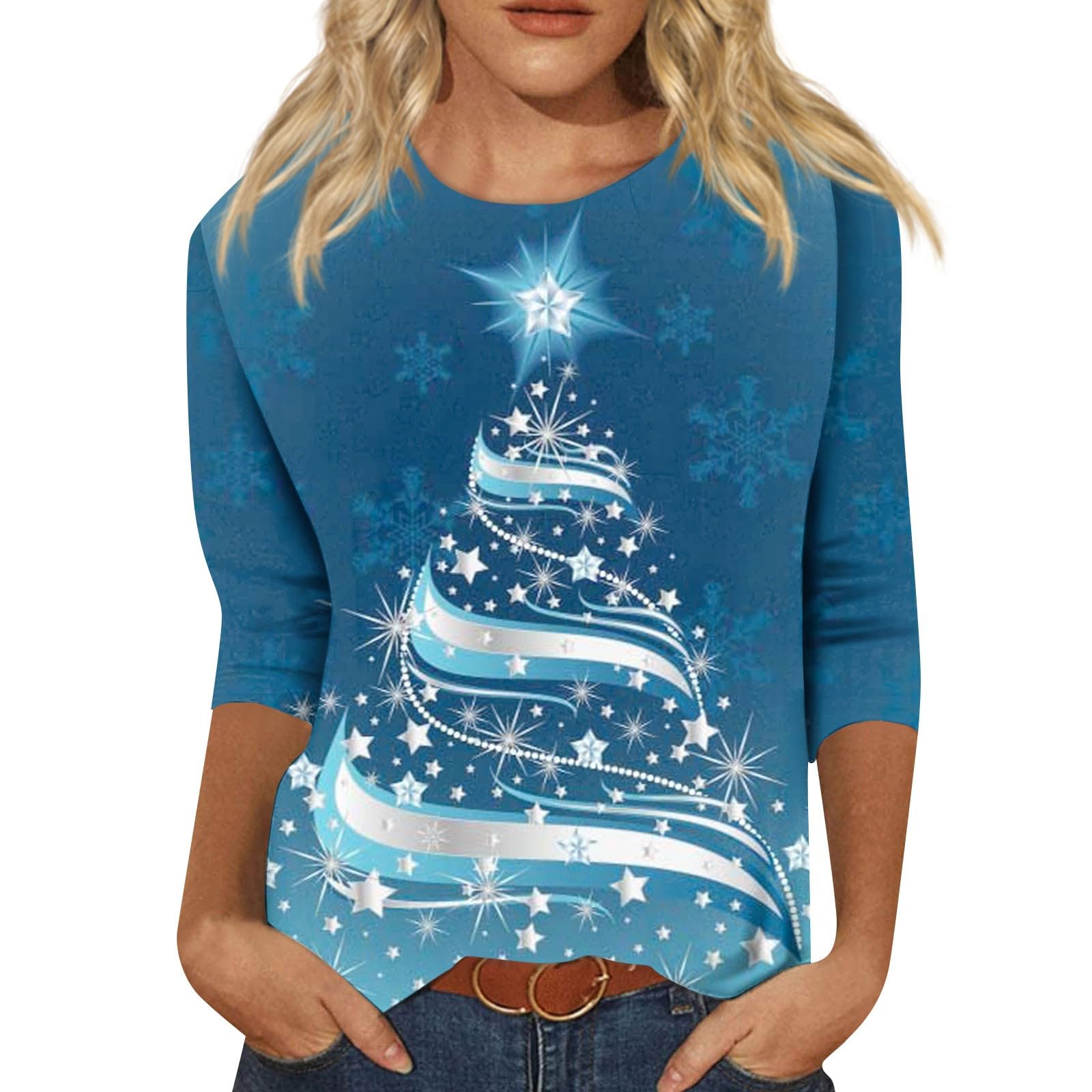 2023 Women's Christmas Print T-Shirt - 3/4 Sleeve Crew Neck Casual Blouse | Holiday Party Outfit & Festive Family Gathering Top