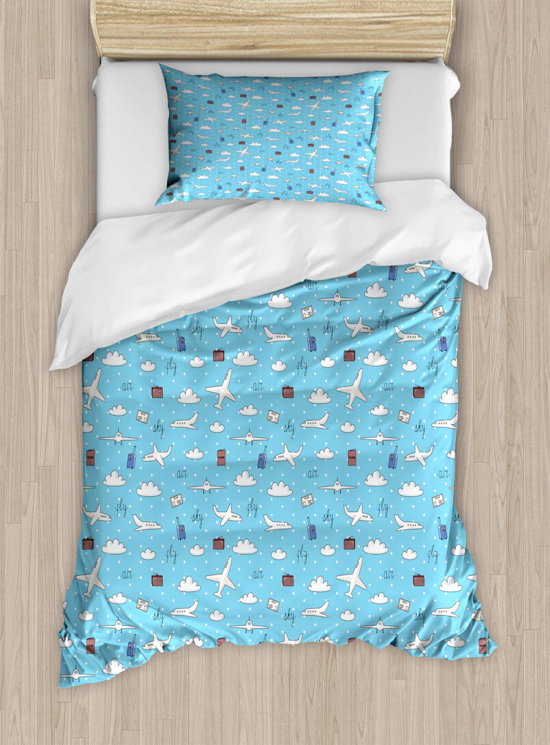 Ambesonne Airport Duvet Cover Set - Twin Size Sky Blue Multicolor Airplane & Luggage Pattern 2-Piece Bedding with Pillow Sham | Perfect for Kids' Rooms, Travel Themed Bedrooms & Aviation Enthusiasts