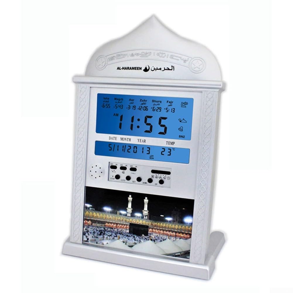 Azan Calendar Muslim Prayer Clock - Adjustable Prayer Times & Temperature Display, Silver | Perfect for Home, Mosque, and Islamic Centers