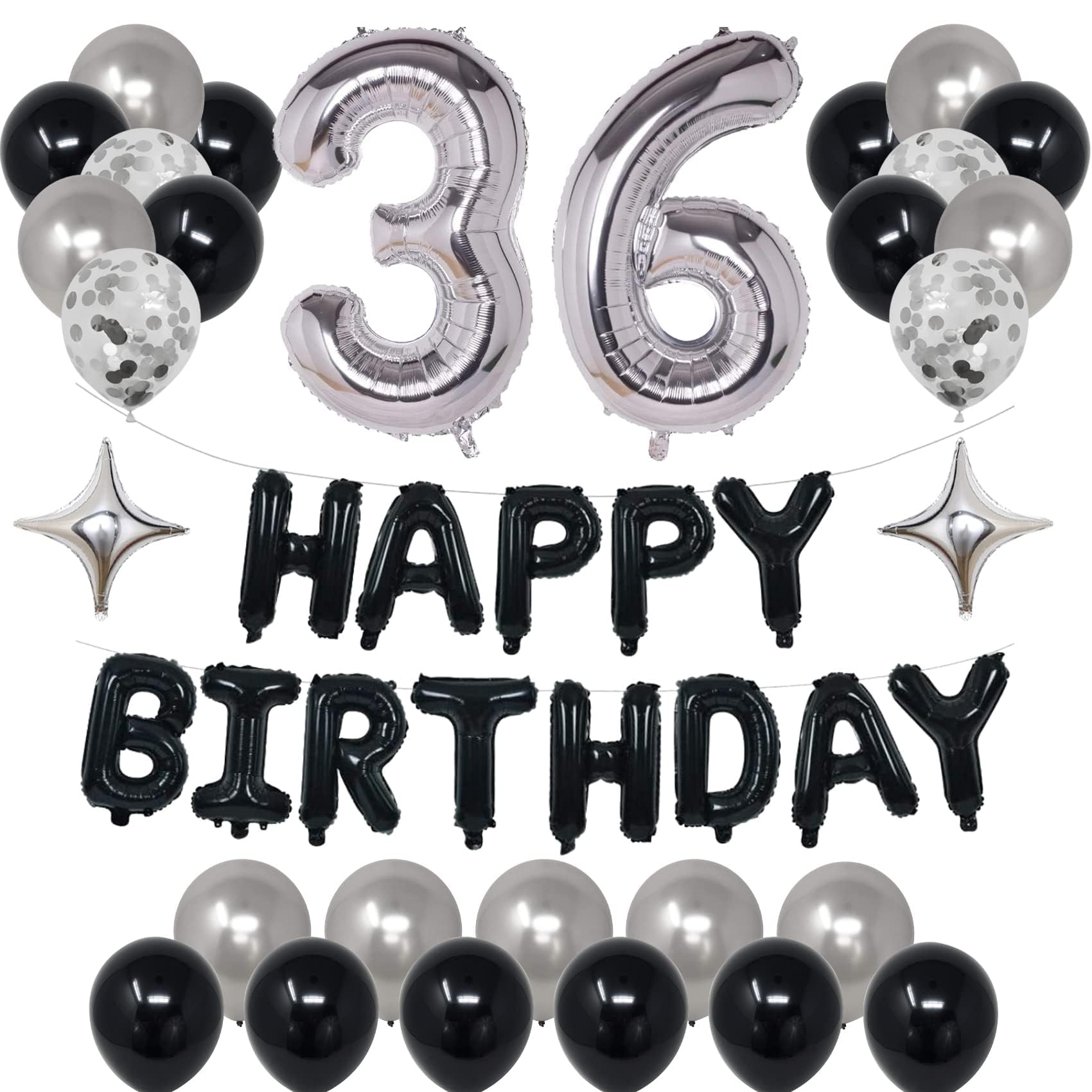 36th Birthday Party Decorations Set - Black & Silver Theme for Men & Women | Includes Happy Birthday Banner, Foil Stars & Balloons | Perfect for 36th Birthday Celebrations, Milestone Parties & Adult Gatherings