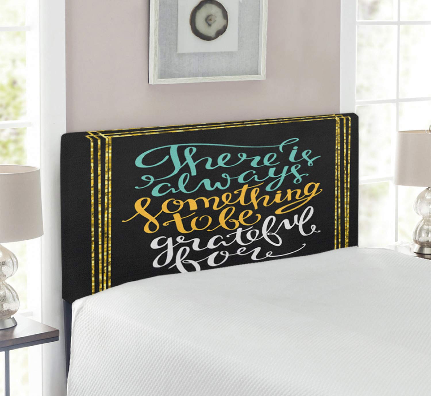 Lunarable Be Grateful Upholstered Headboard - Calligraphic Lettering Appreciation Slogan in Yellow Frame, Decorative Metal Bed Headboard with Memory Foam, Twin Size, Multicolor - Perfect for Bedroom Decor, Guest Rooms & Cozy Home Makeovers