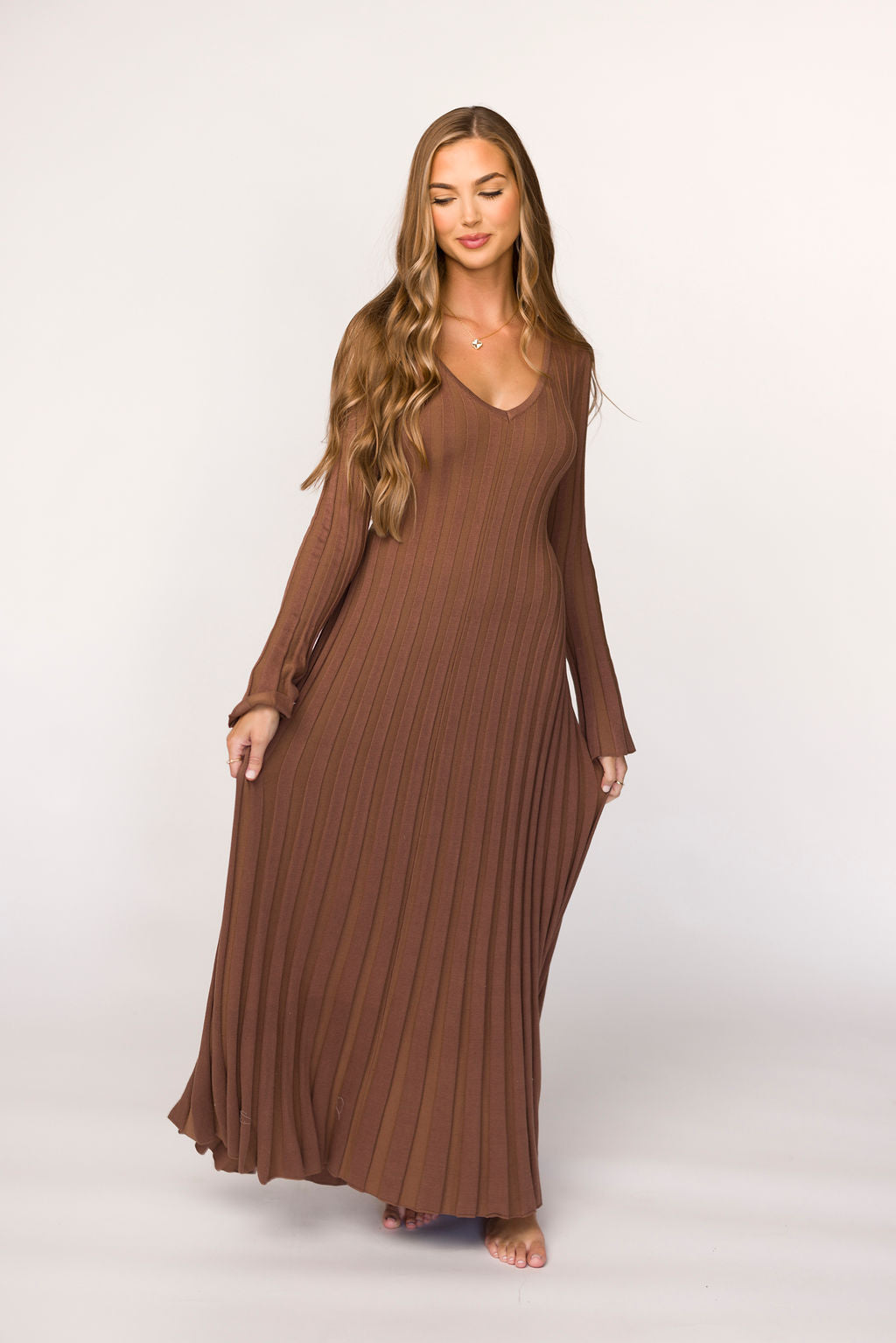 Hadley Long Sleeve V Neck Knit Maxi Dress in Cocoa - Women's Elegant Casual Maxi Dress for Fall & Winter | Perfect for Office, Date Night & Holiday Parties