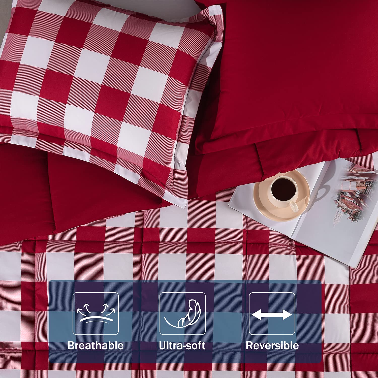 Downluxe Lightweight Plaid Comforter Set Queen Size - 3-Piece Reversible Down Alternative Bedding with 2 Pillow Shams - Red & White Checkered Design for Cozy Bedroom Decor