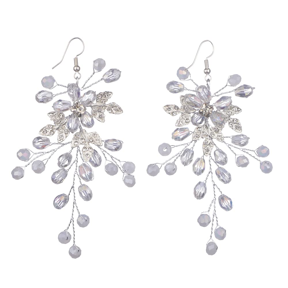 **Elegant Crystal Beaded Flower Earrings for Women - Silver Bridal Wedding Earrings for Bride, Bridesmaid & Prom - Perfect for Weddings, Parties & Special Occasions**